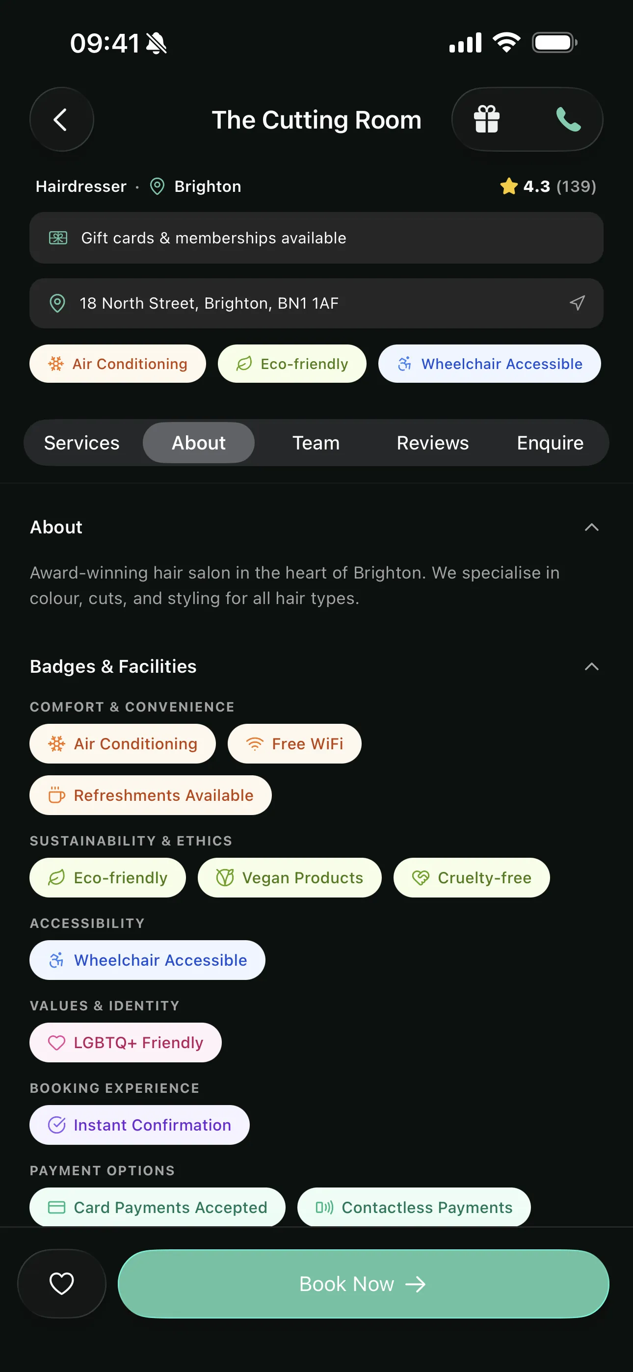 About section on the Youzse mobile booking page