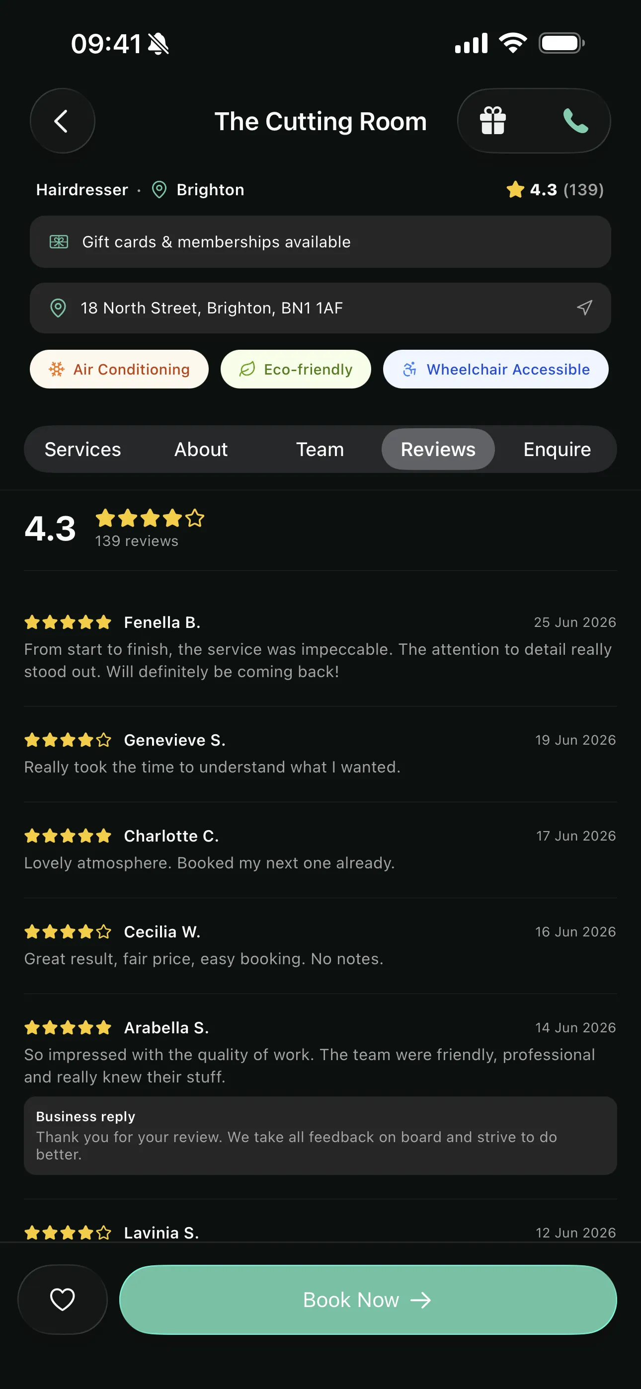 Reviews on the Youzse mobile booking page