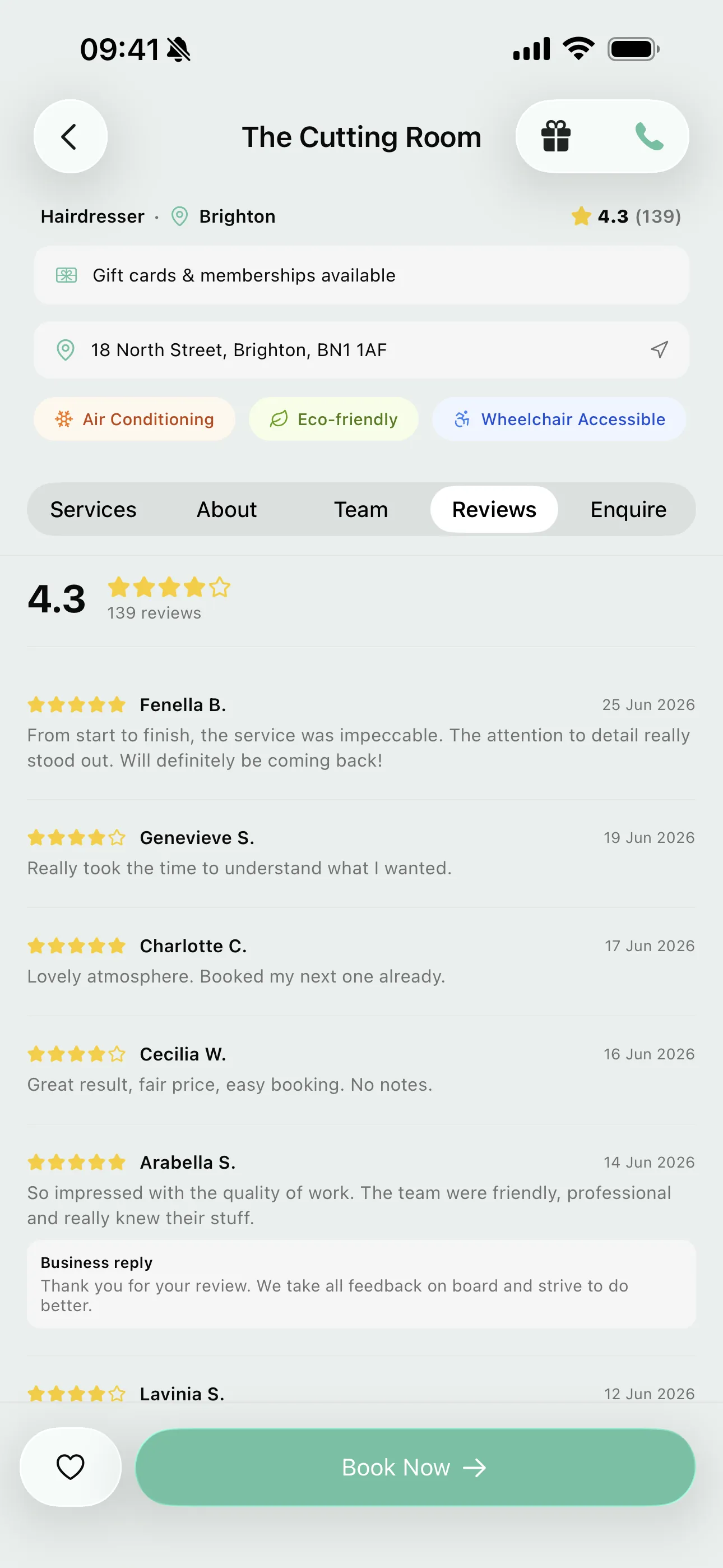 Reviews on the Youzse mobile booking page