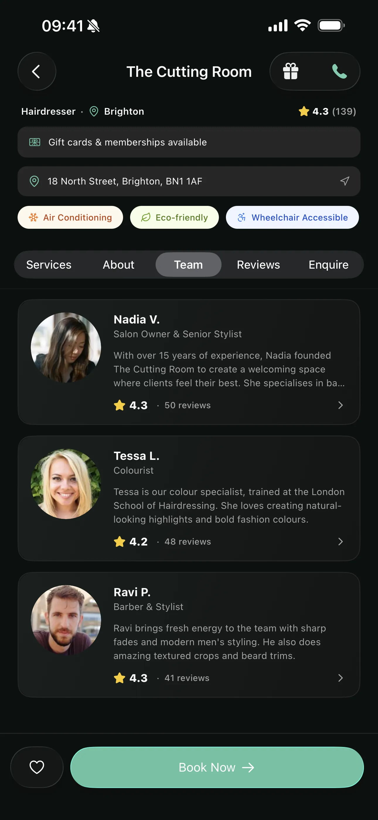 Team on the Youzse mobile booking page