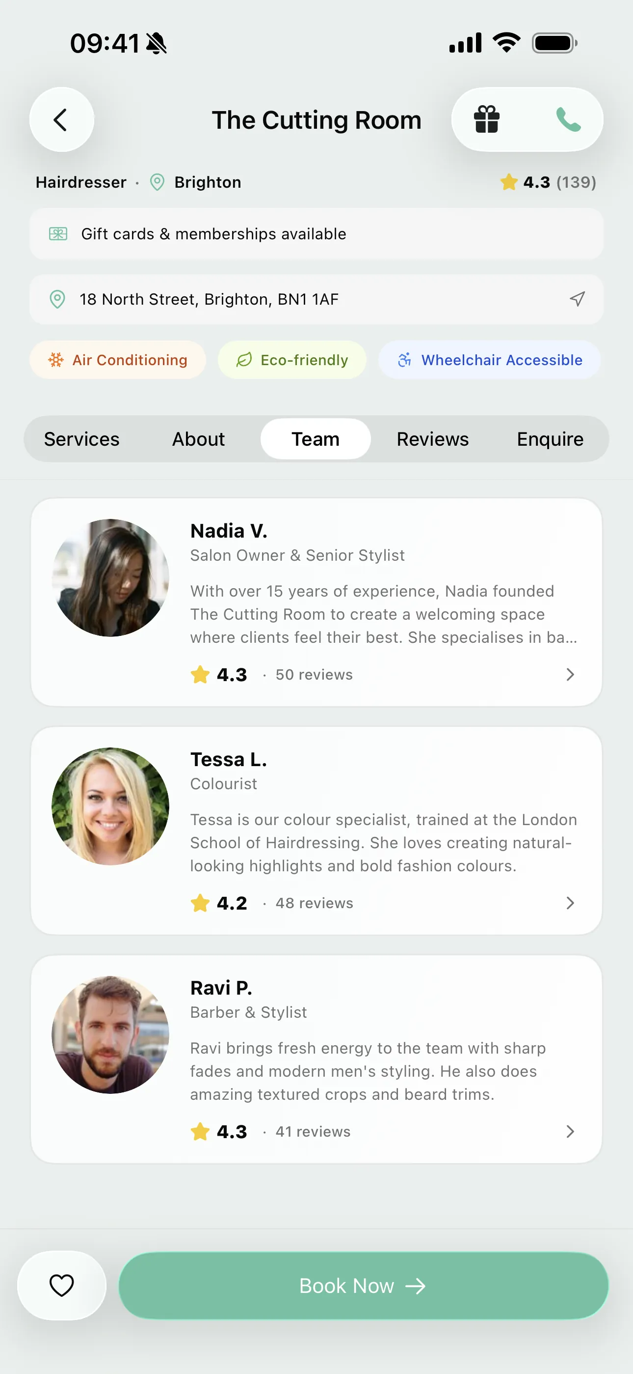 Team on the Youzse mobile booking page