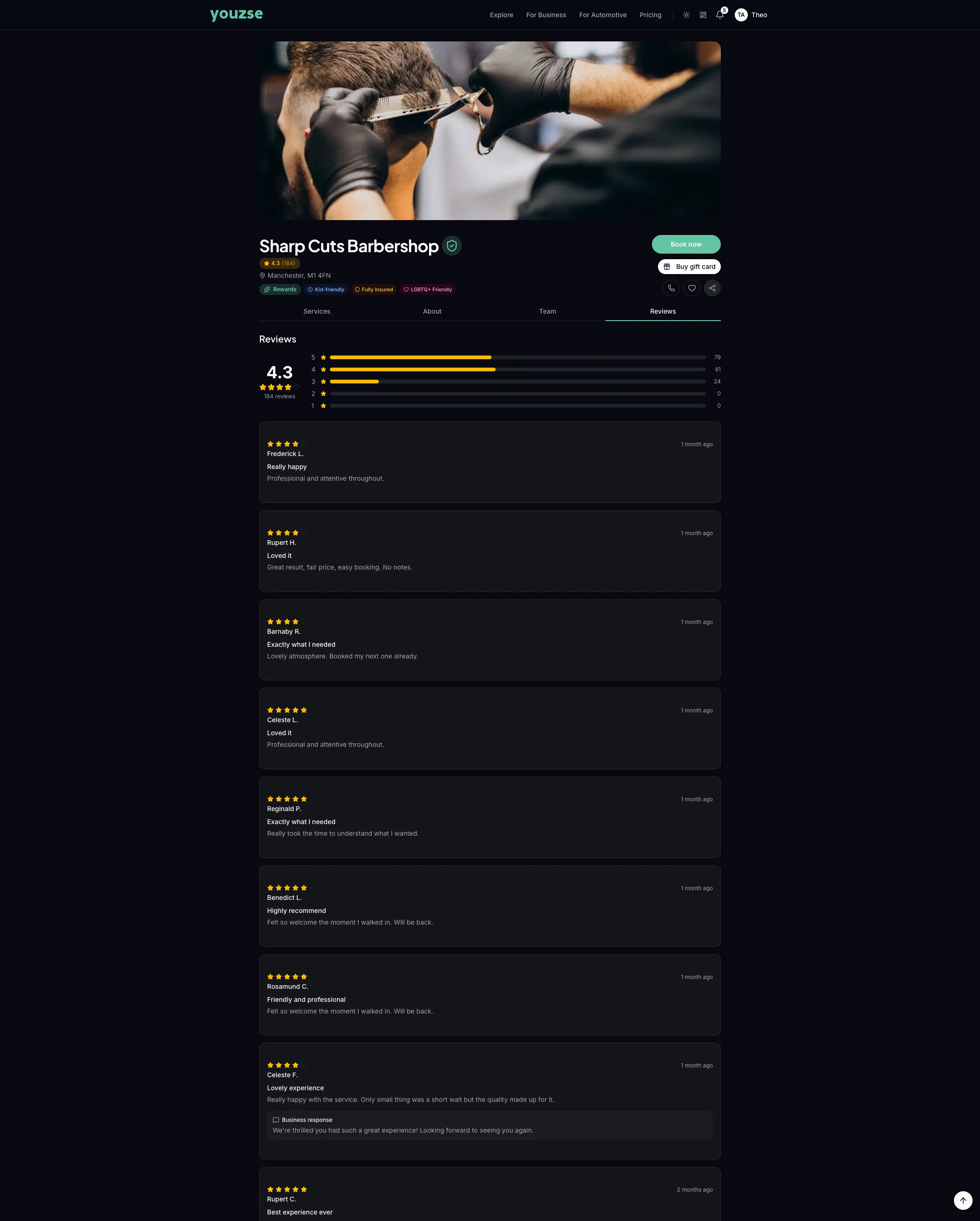 Reviews on a Youzse booking page