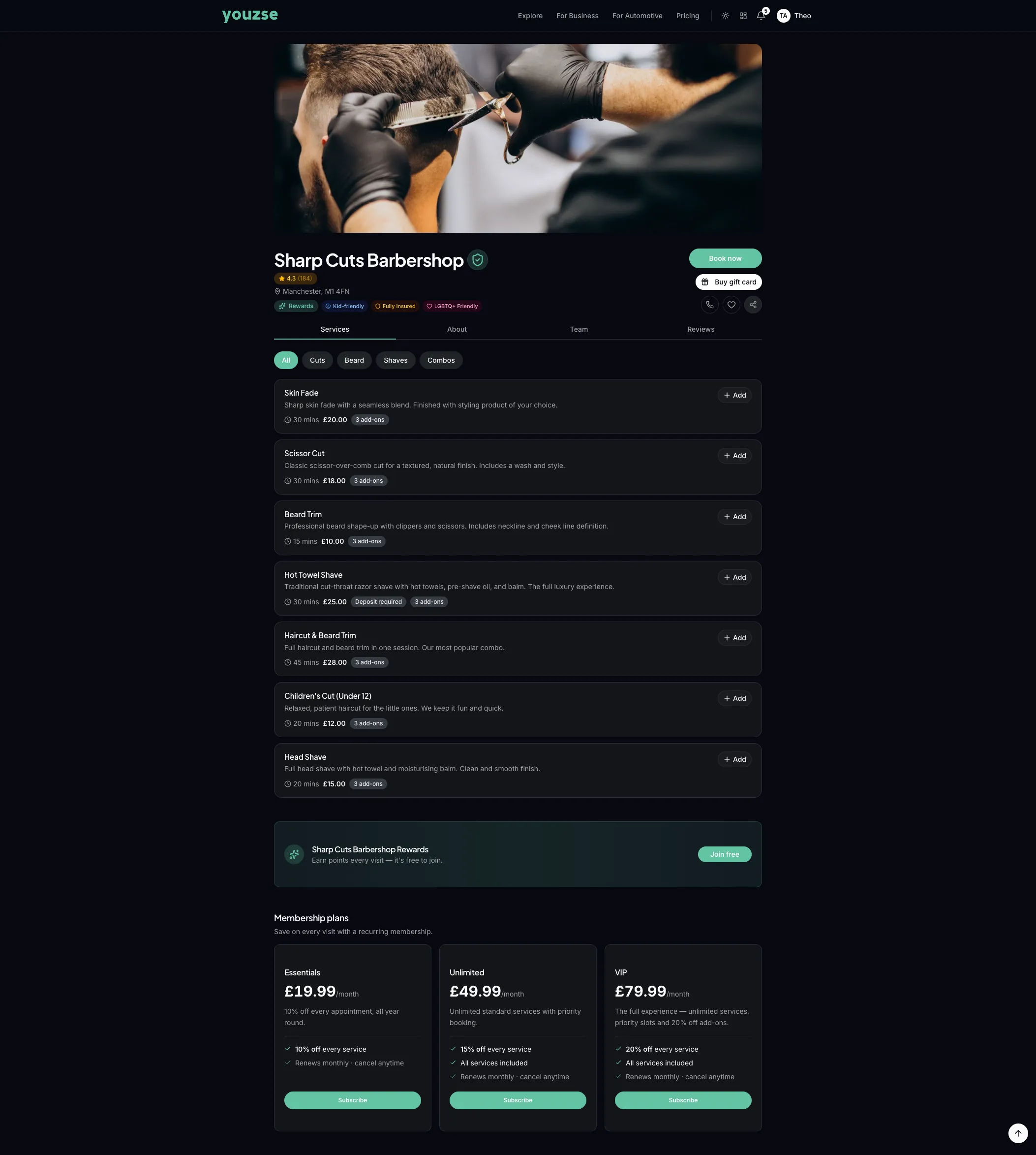 Services on a Youzse booking page
