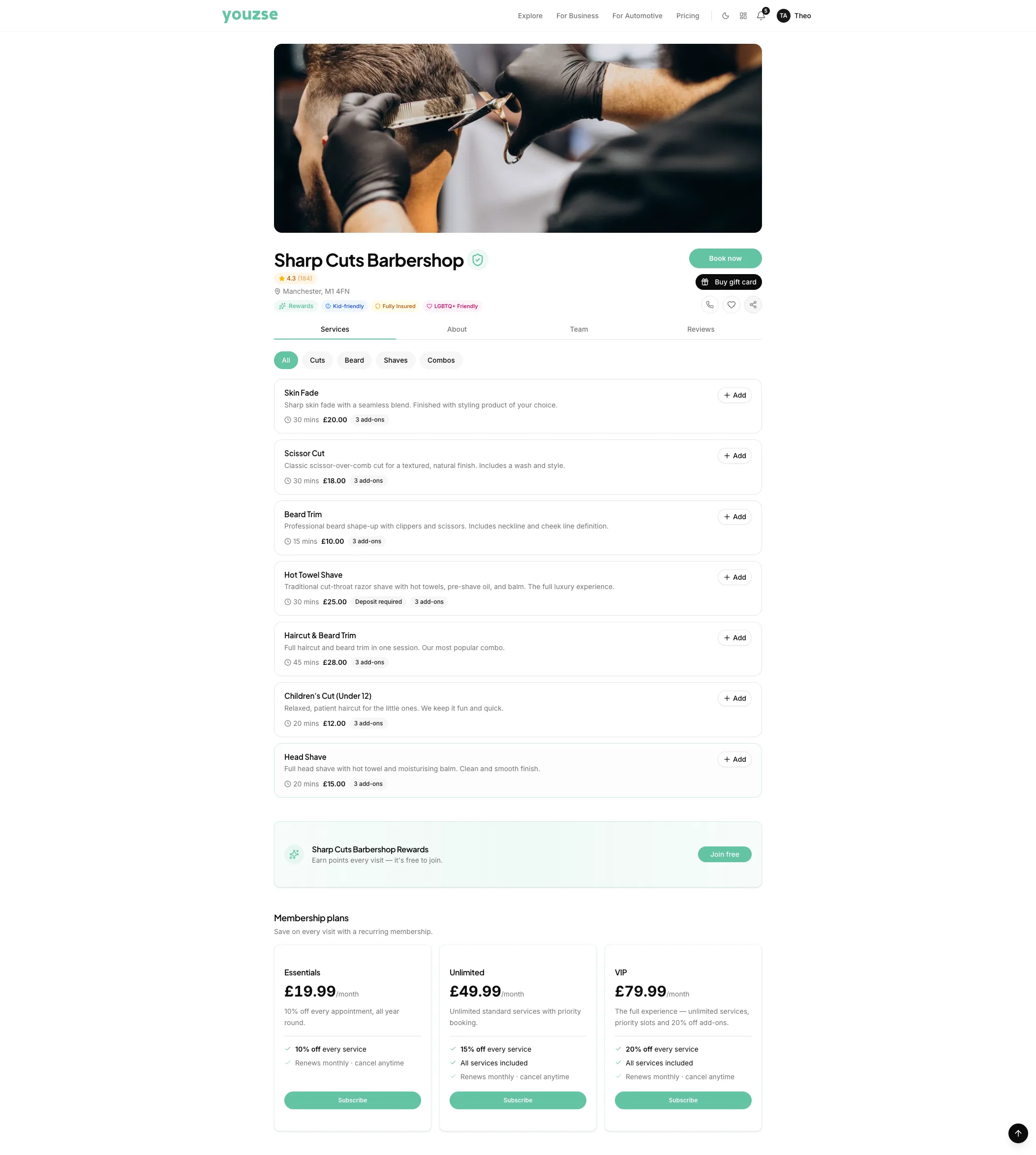 Services on a Youzse booking page