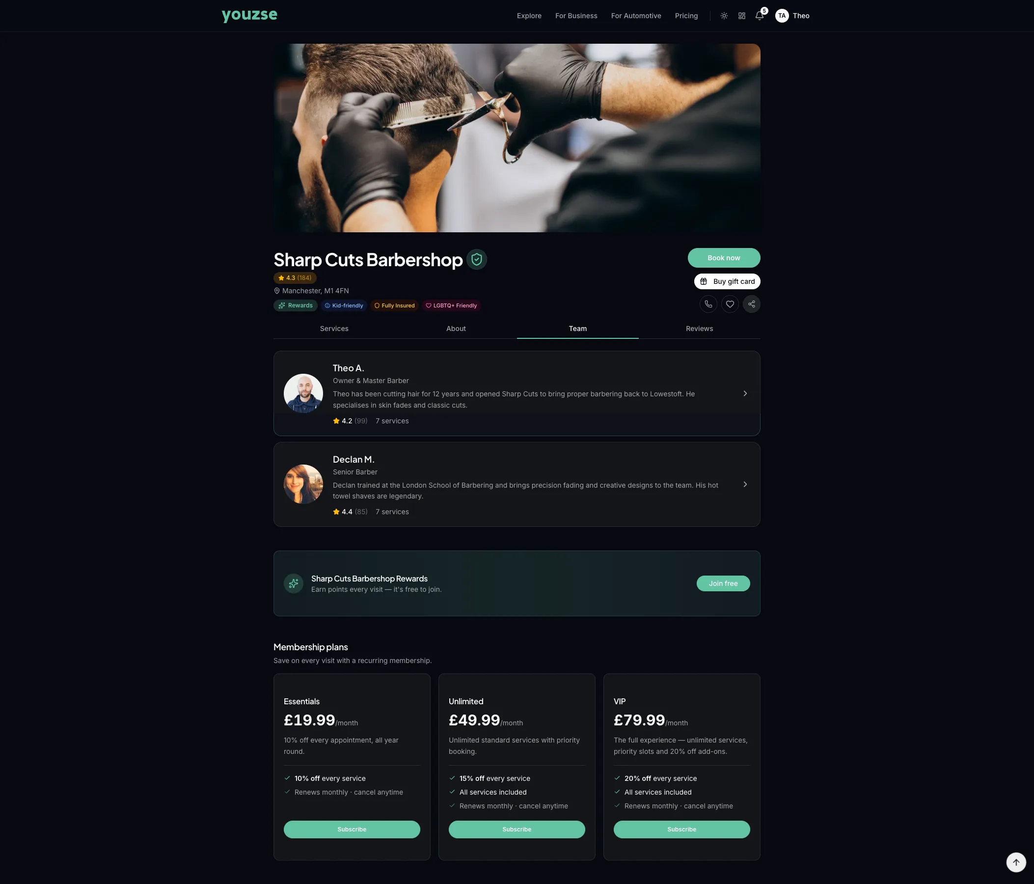 Team section of a Youzse booking page