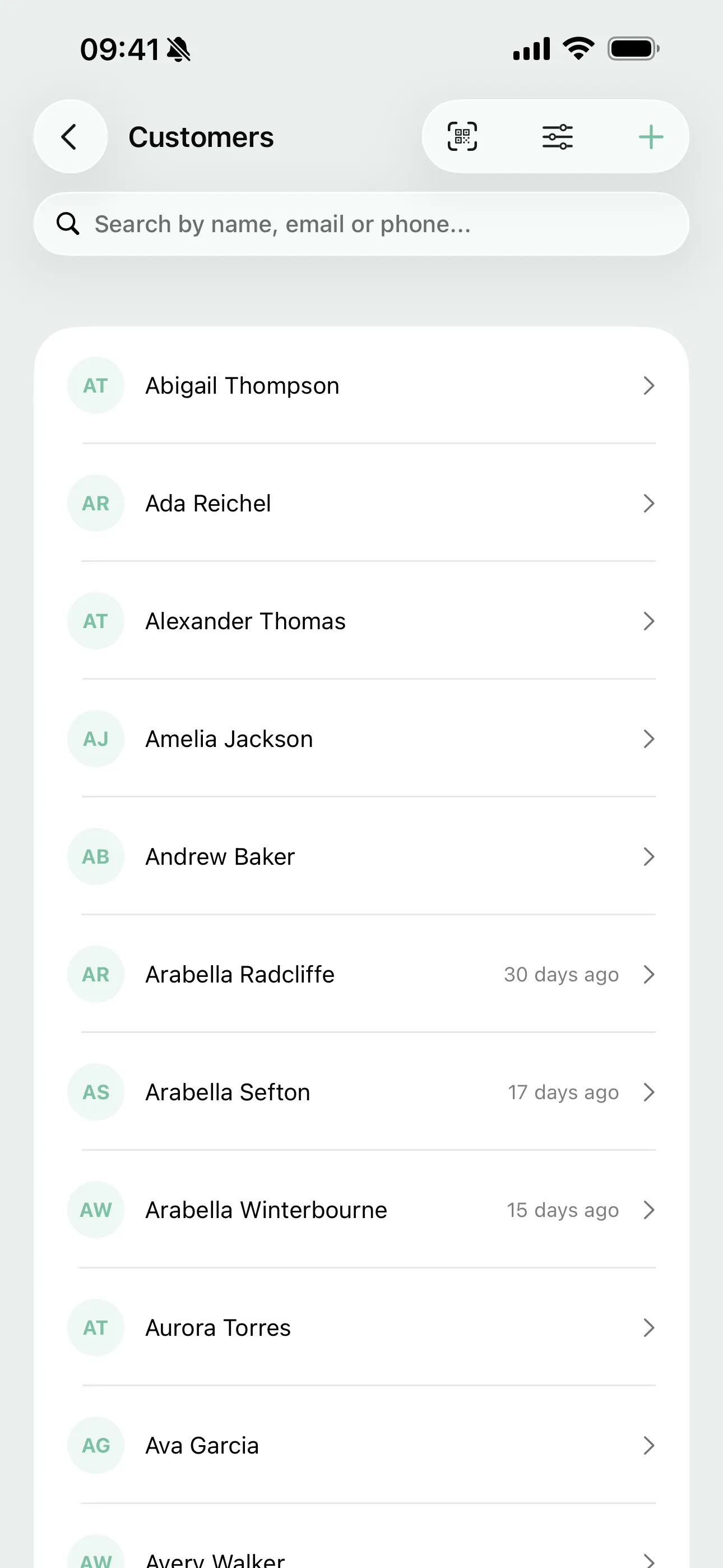 The customer list on the Youzse mobile app