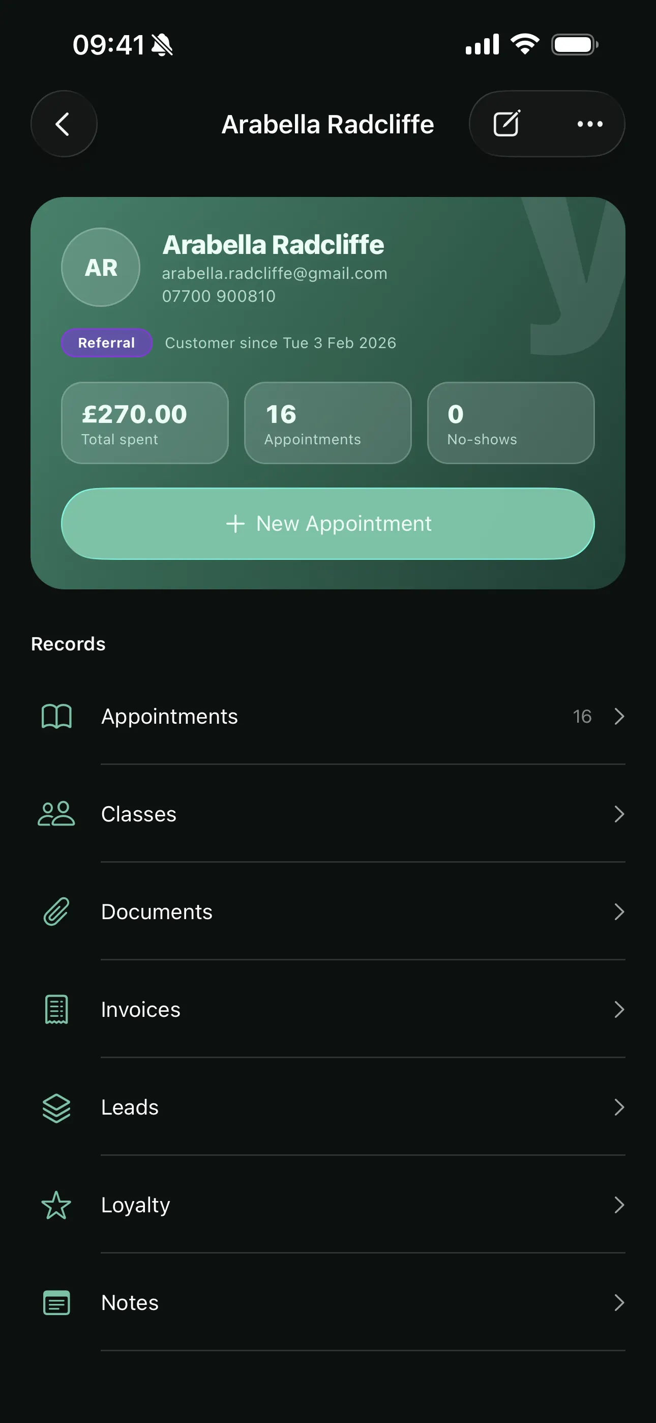 A customer record on the Youzse mobile app