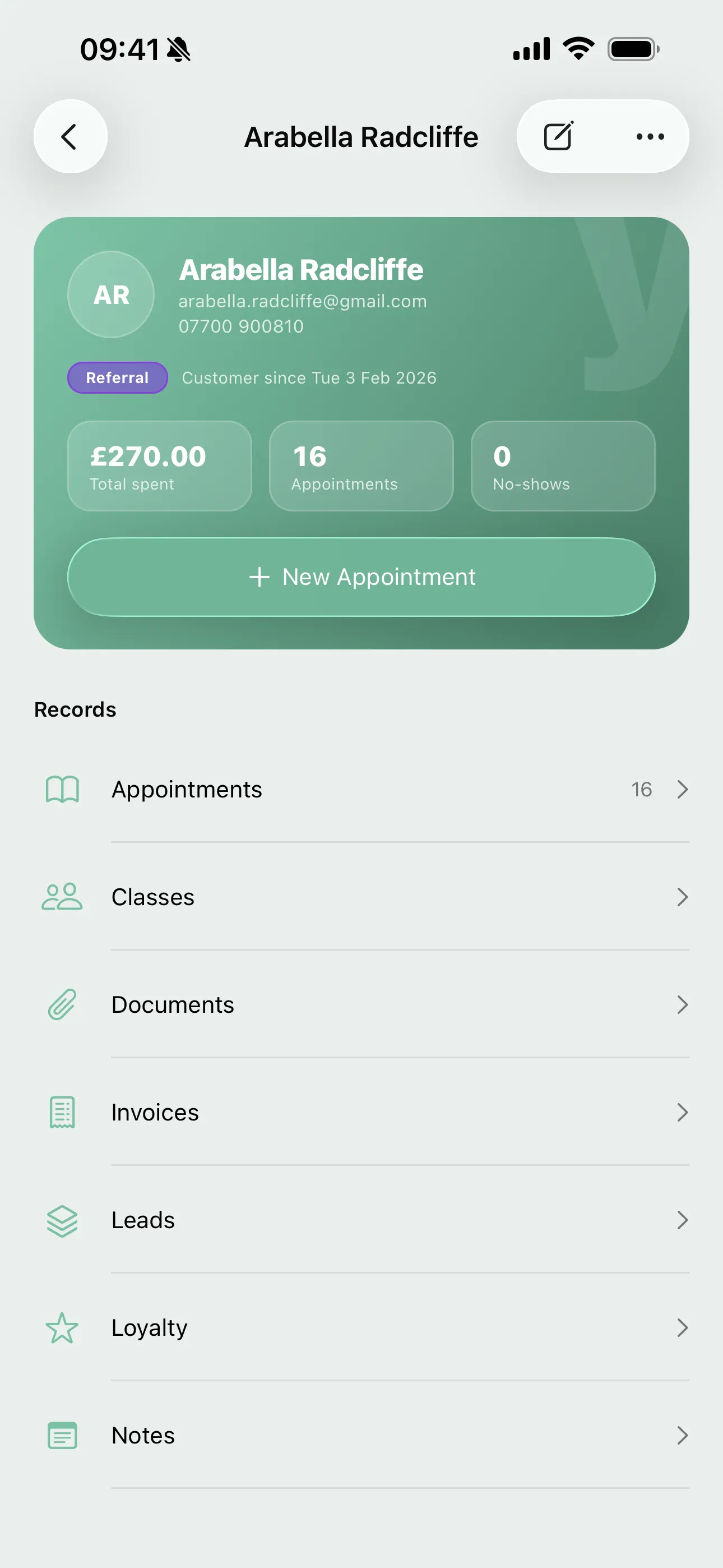A customer record on the Youzse mobile app