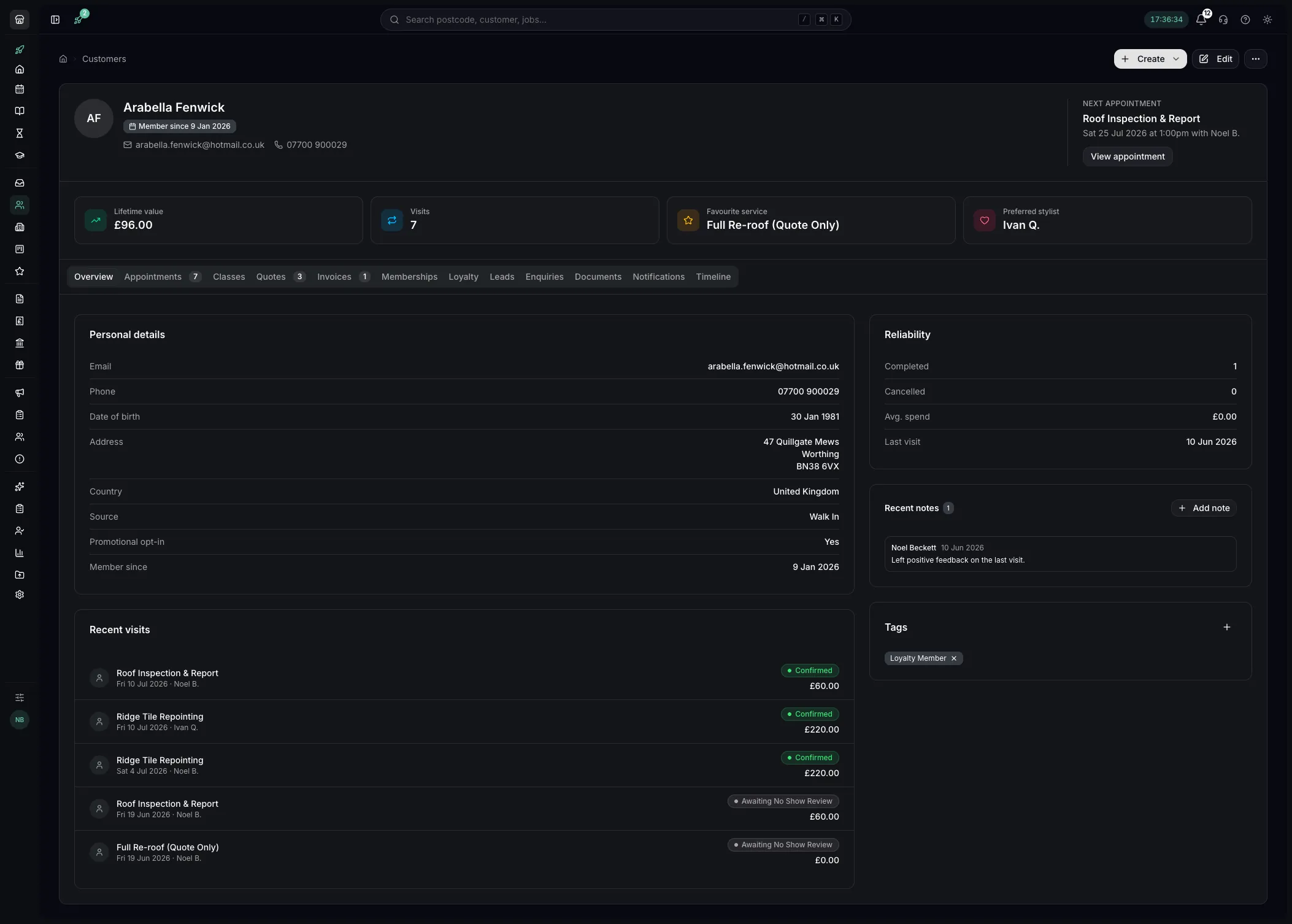 A customer record in Youzse with full history and notes