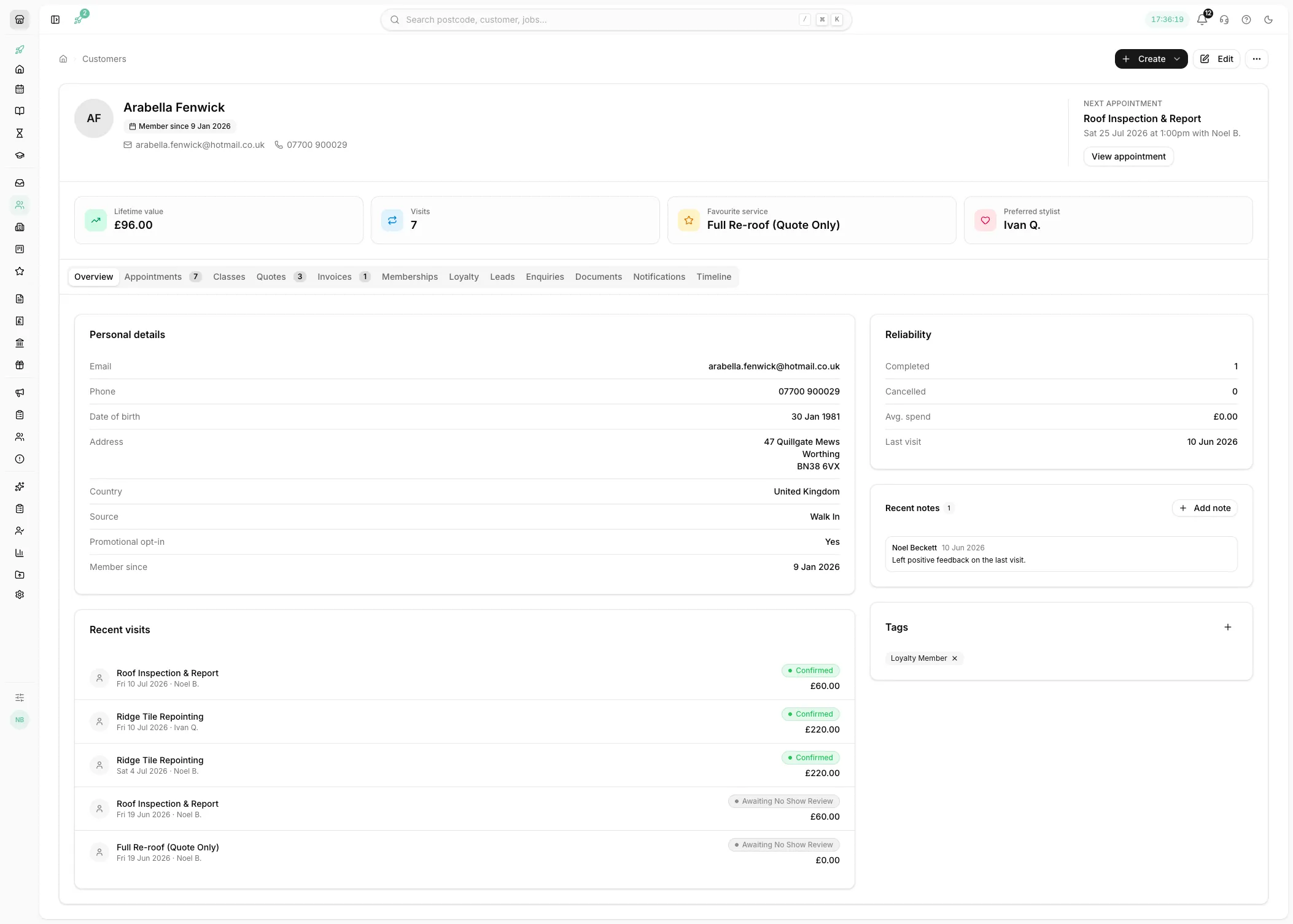 A customer record in Youzse with full history and notes