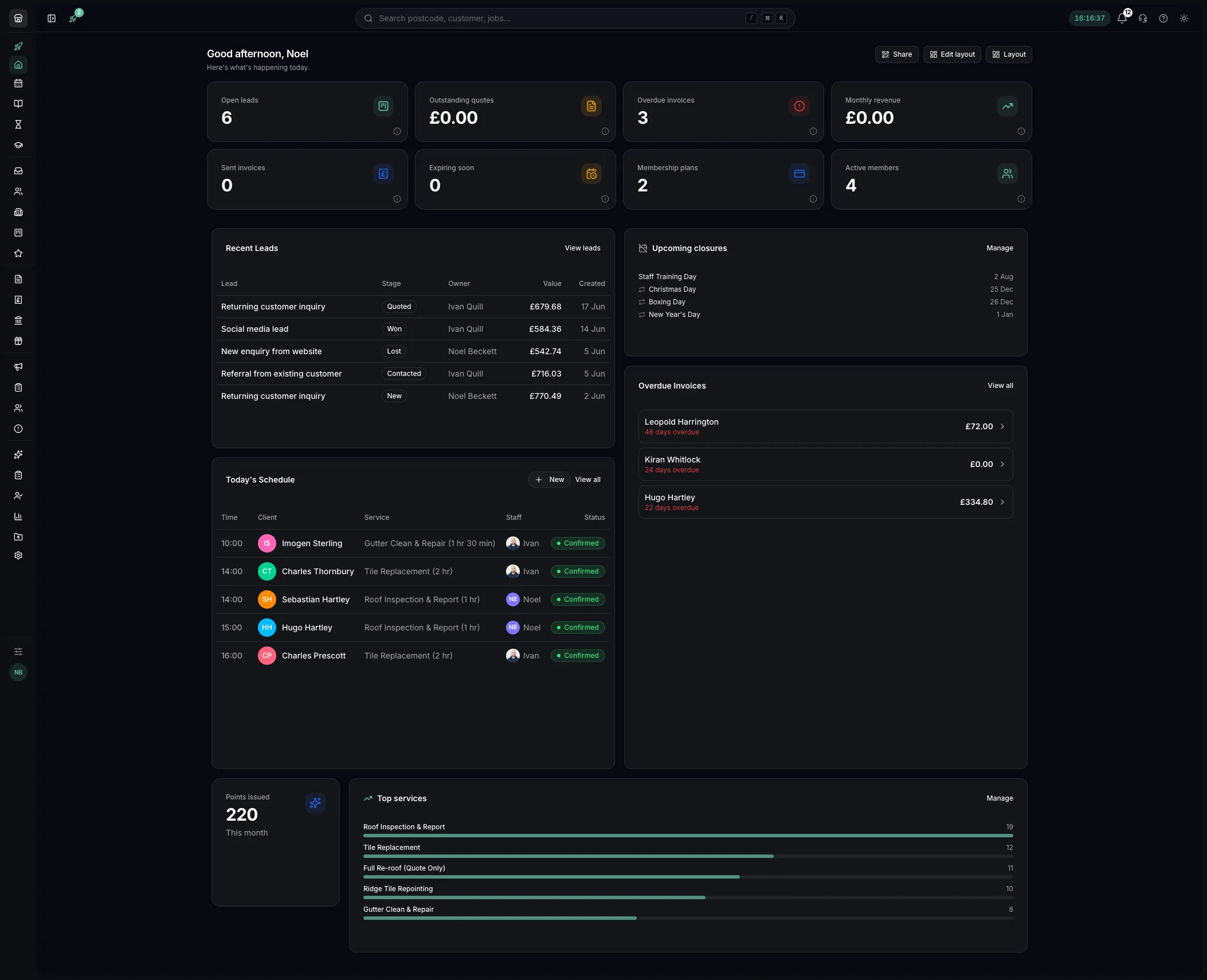 A Youzse dashboard rearranged to suit the business