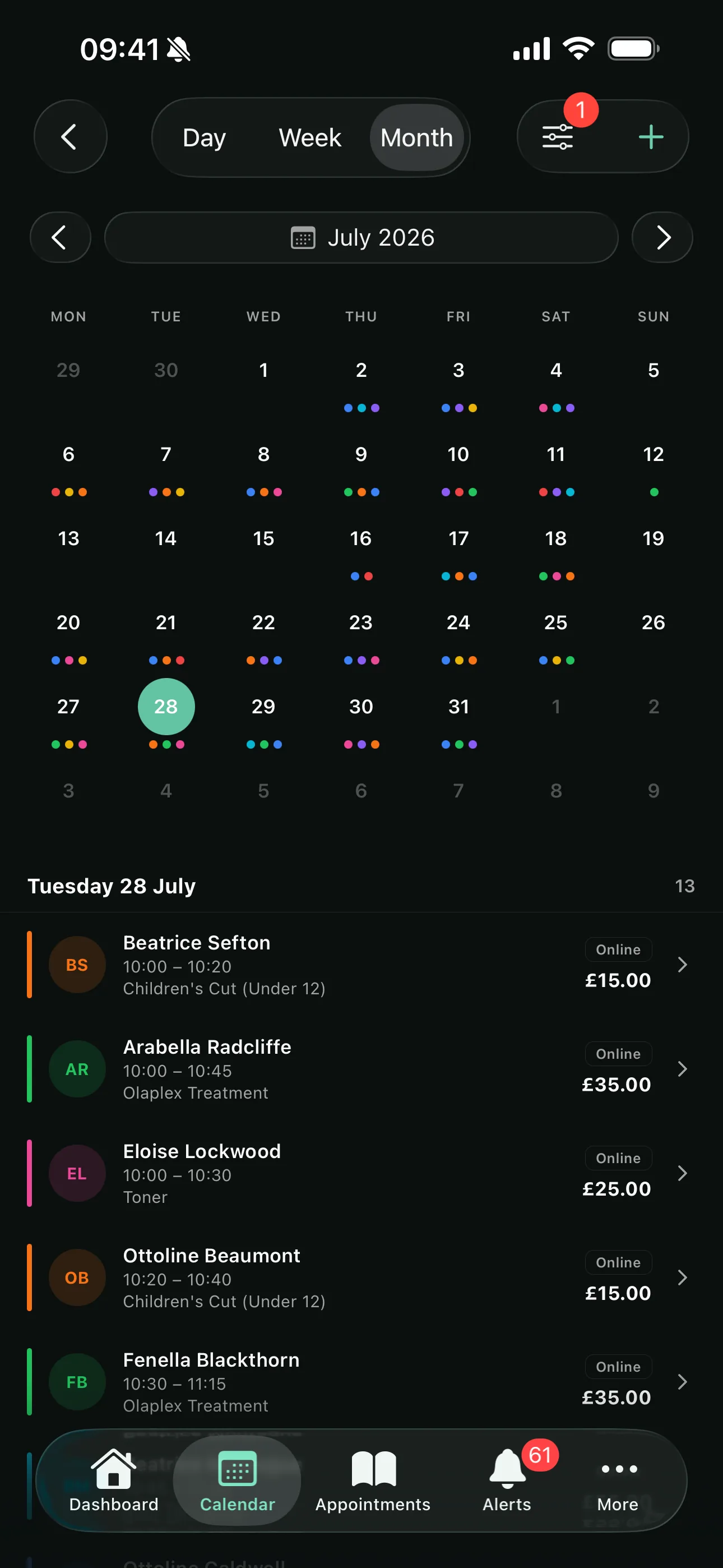 The month view on the Youzse app