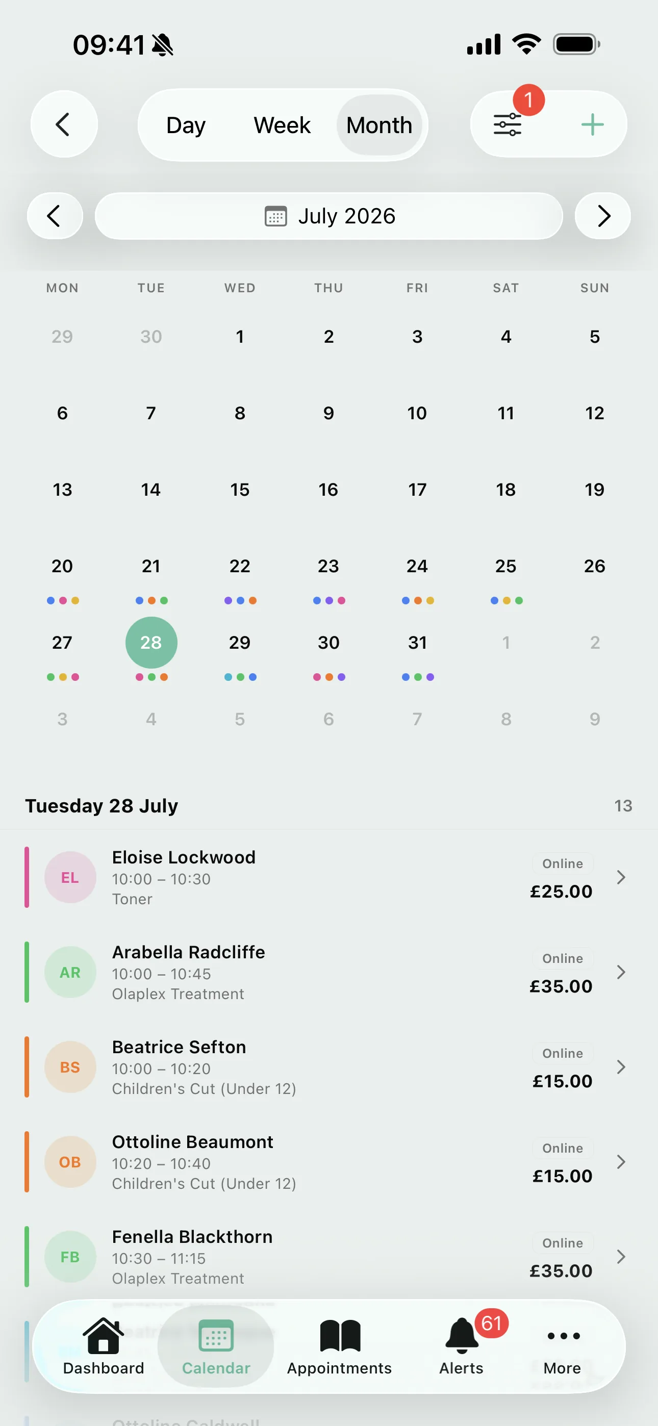 The month view on the Youzse app