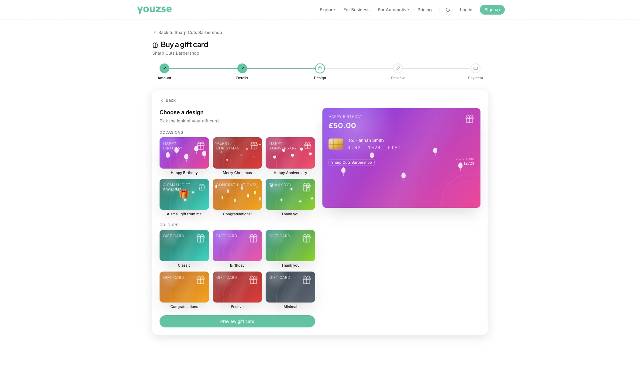 Buying a gift card on a Youzse booking page