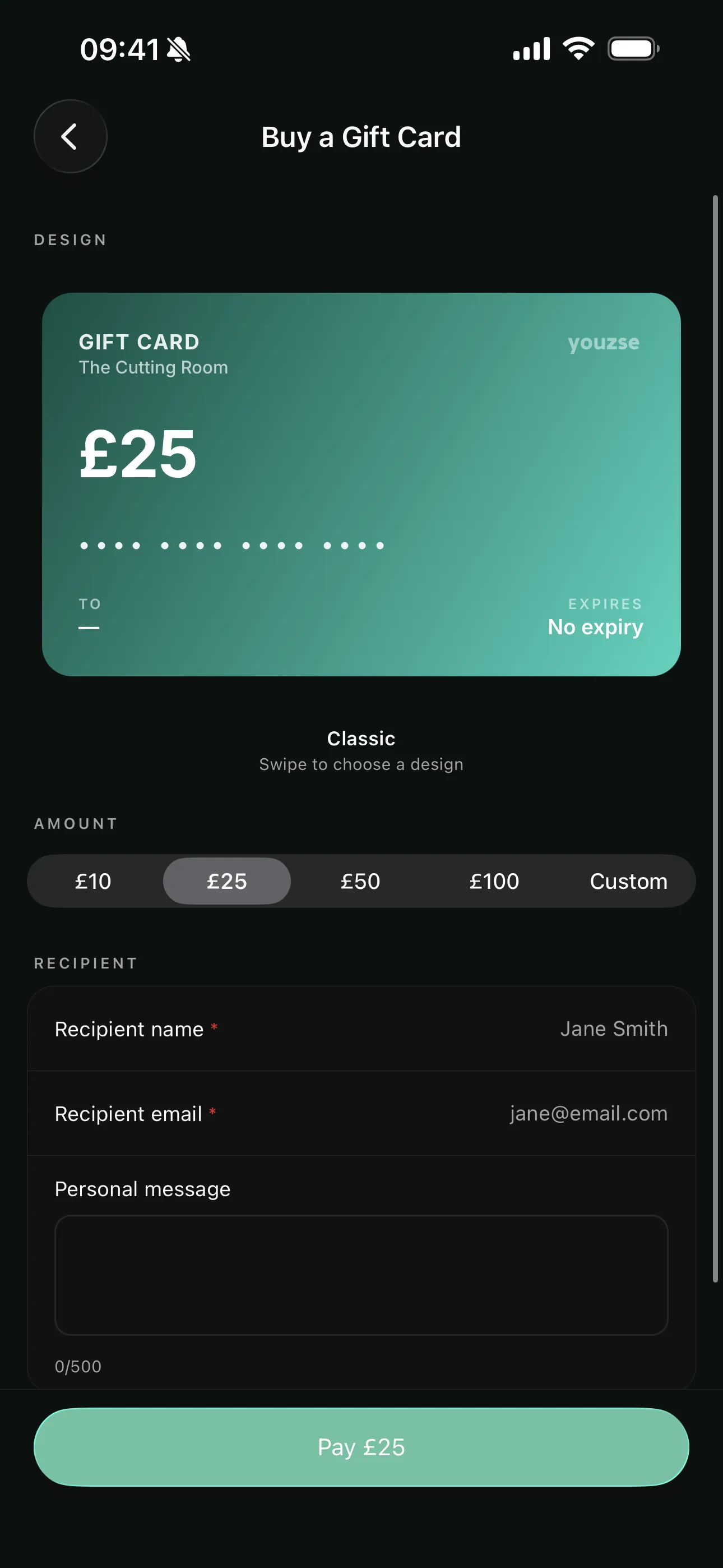 Buying a gift card on the Youzse app