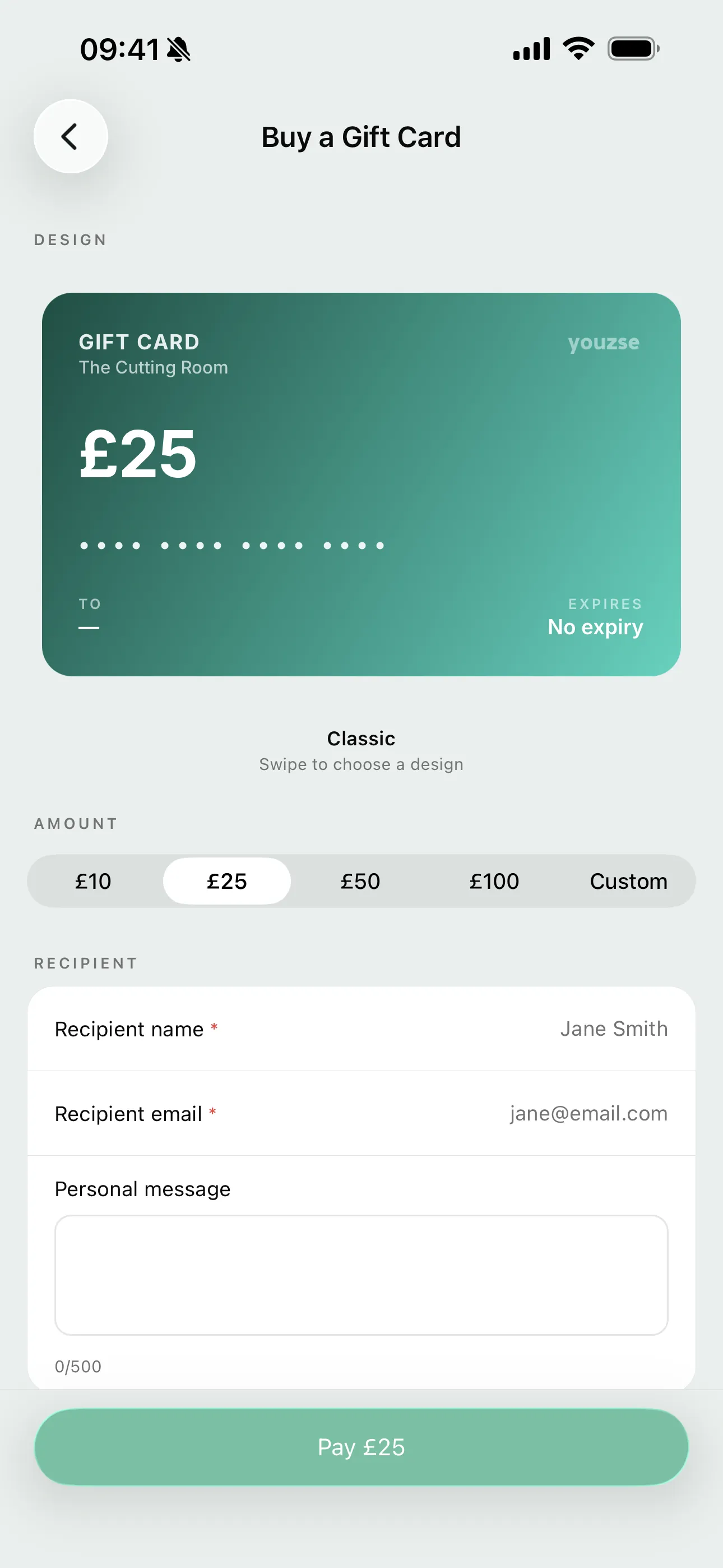 Buying a gift card on the Youzse app