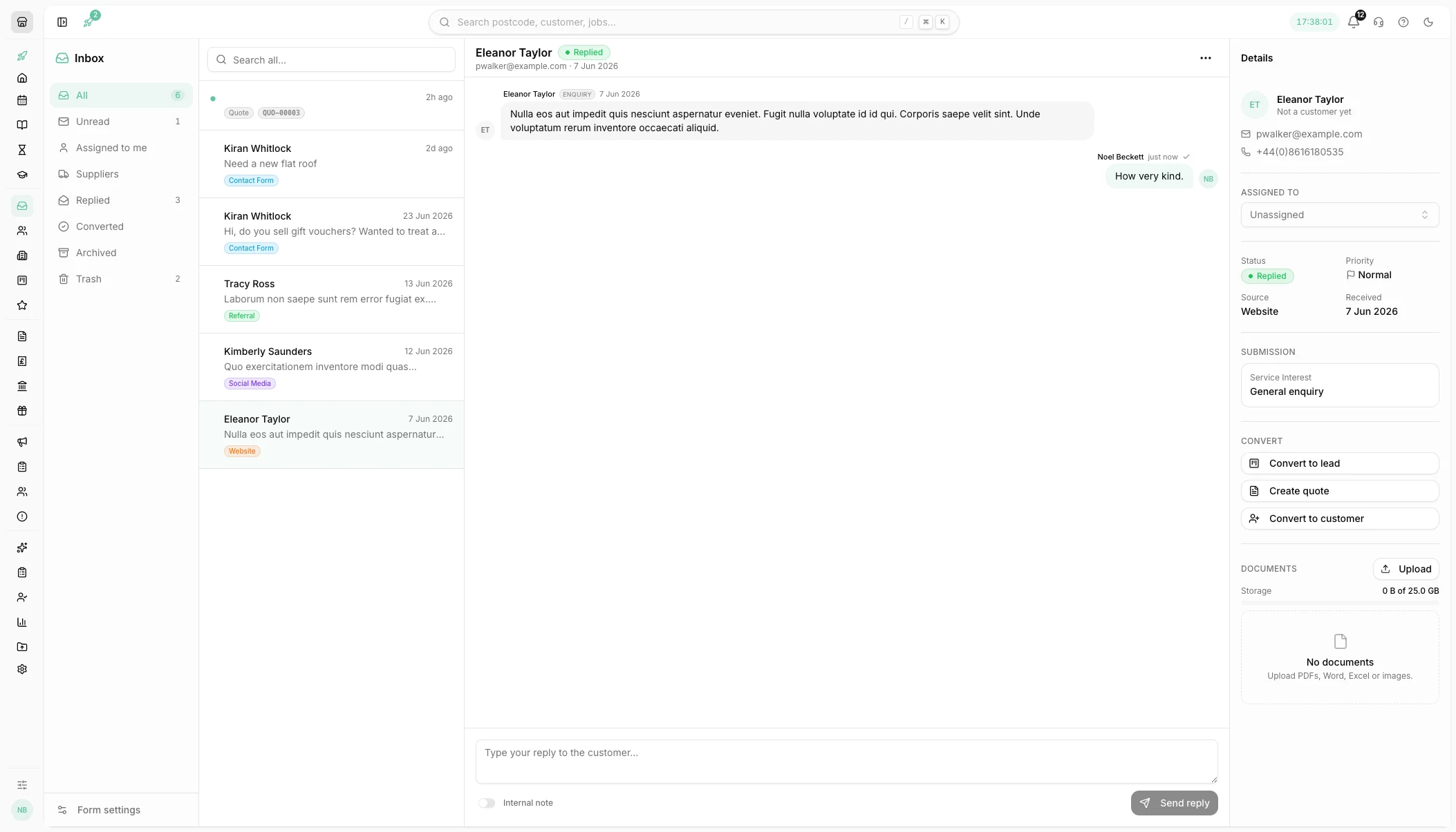 An enquiry landing in the Youzse inbox