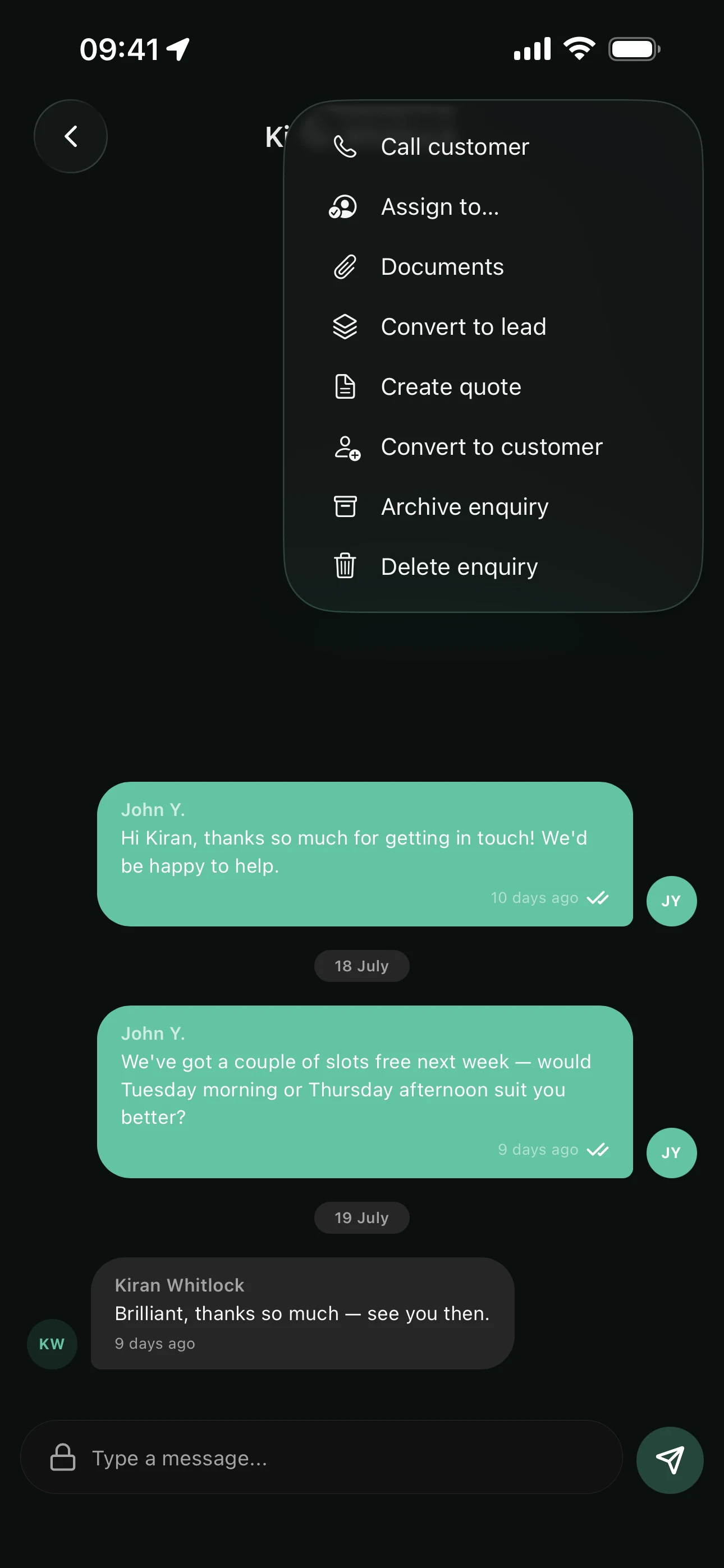 Turning an enquiry into a lead, quote or customer from the Youzse mobile app