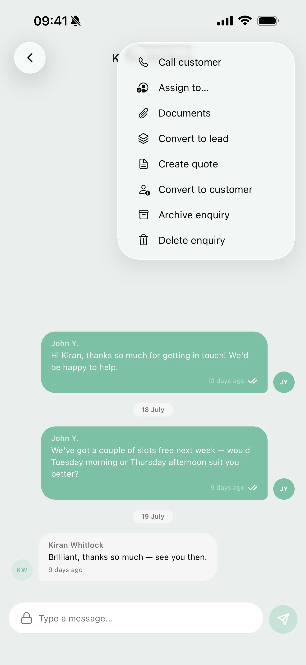 Turning an enquiry into a lead, quote or customer from the Youzse mobile app