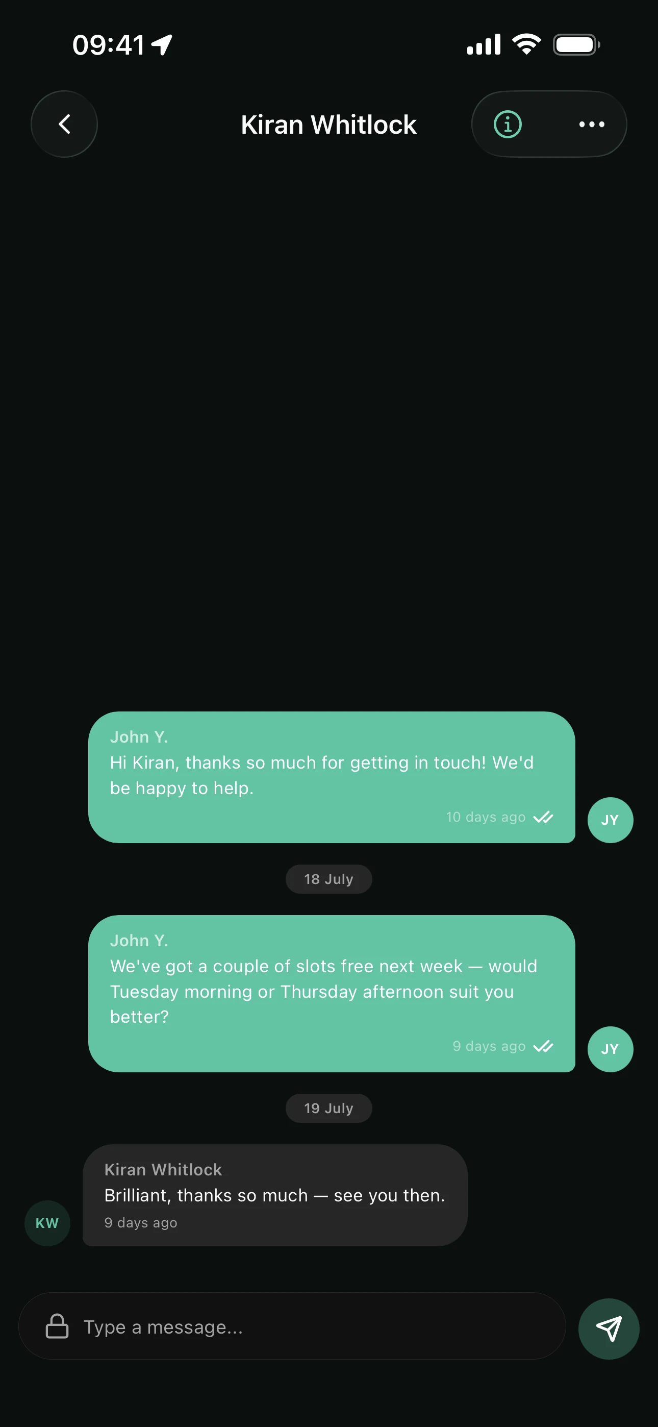 An enquiry thread on the Youzse mobile app