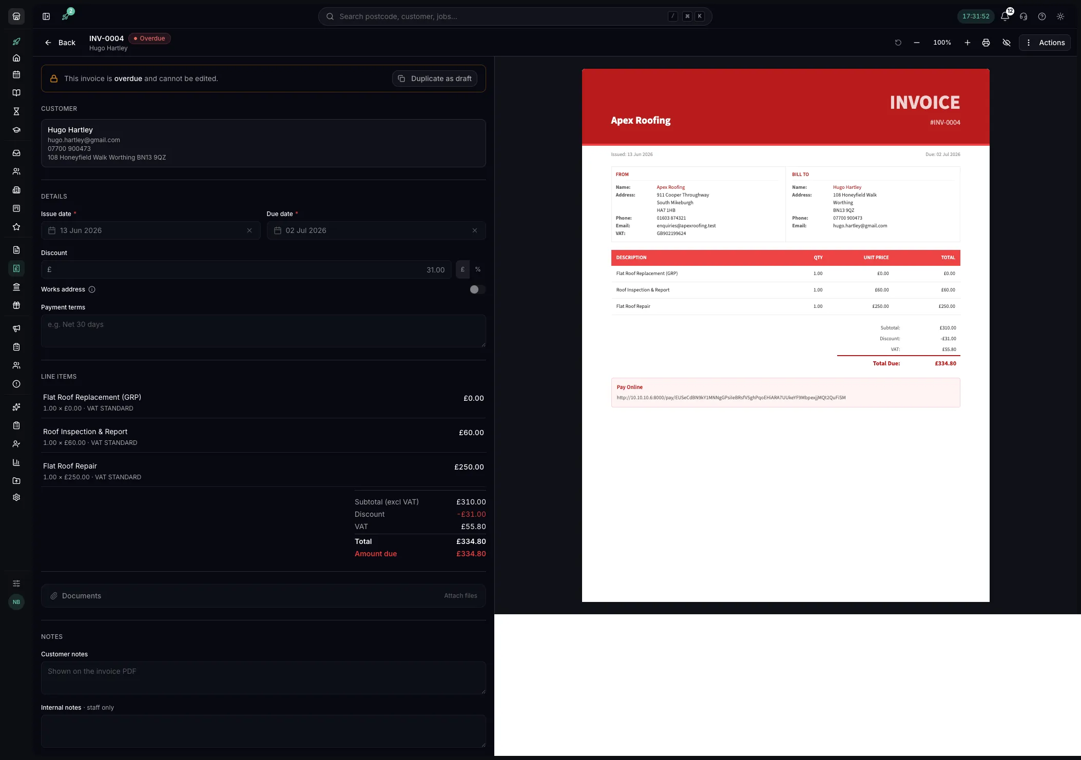 An invoice with a live PDF preview in Youzse