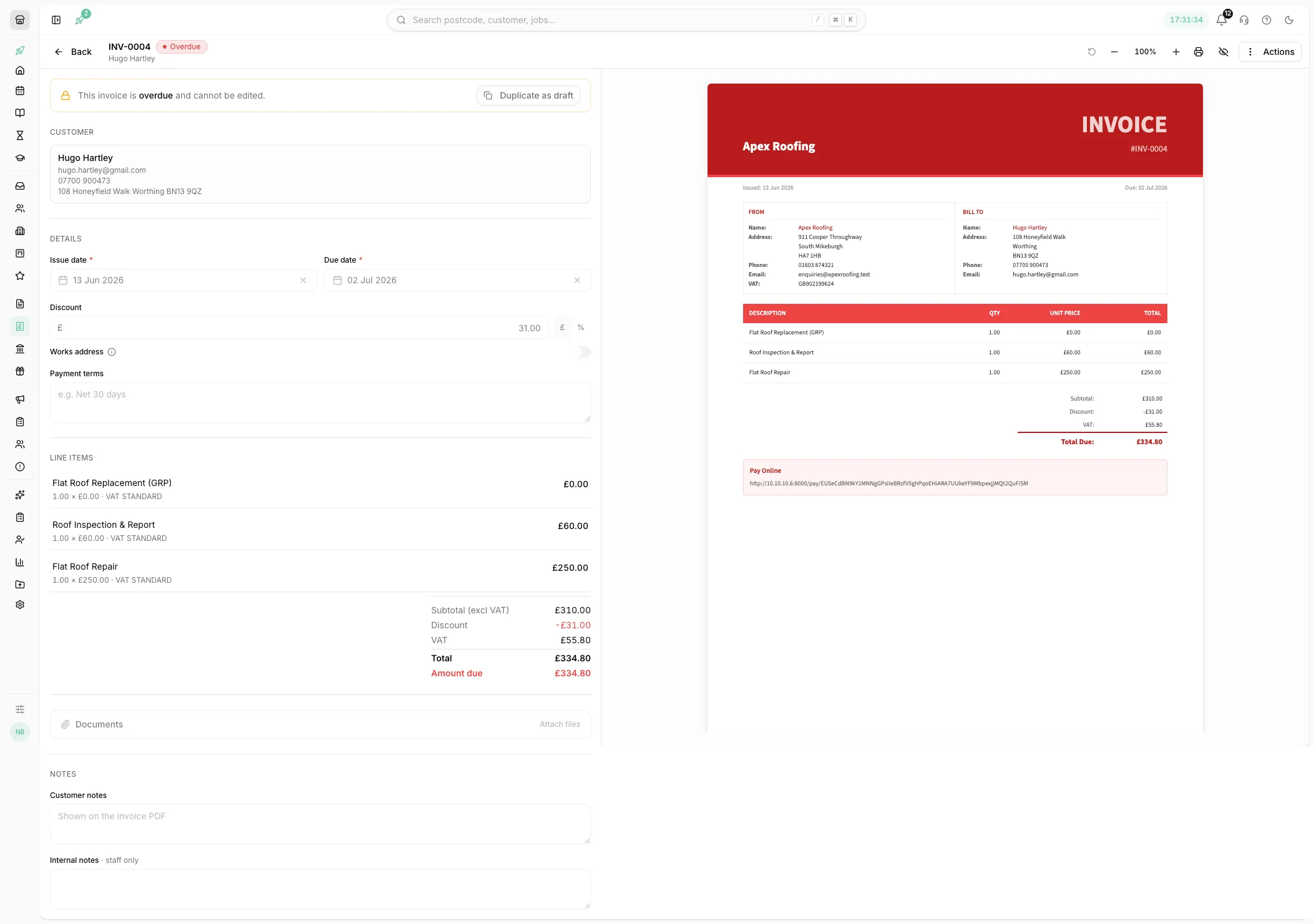 An invoice with a live PDF preview in Youzse