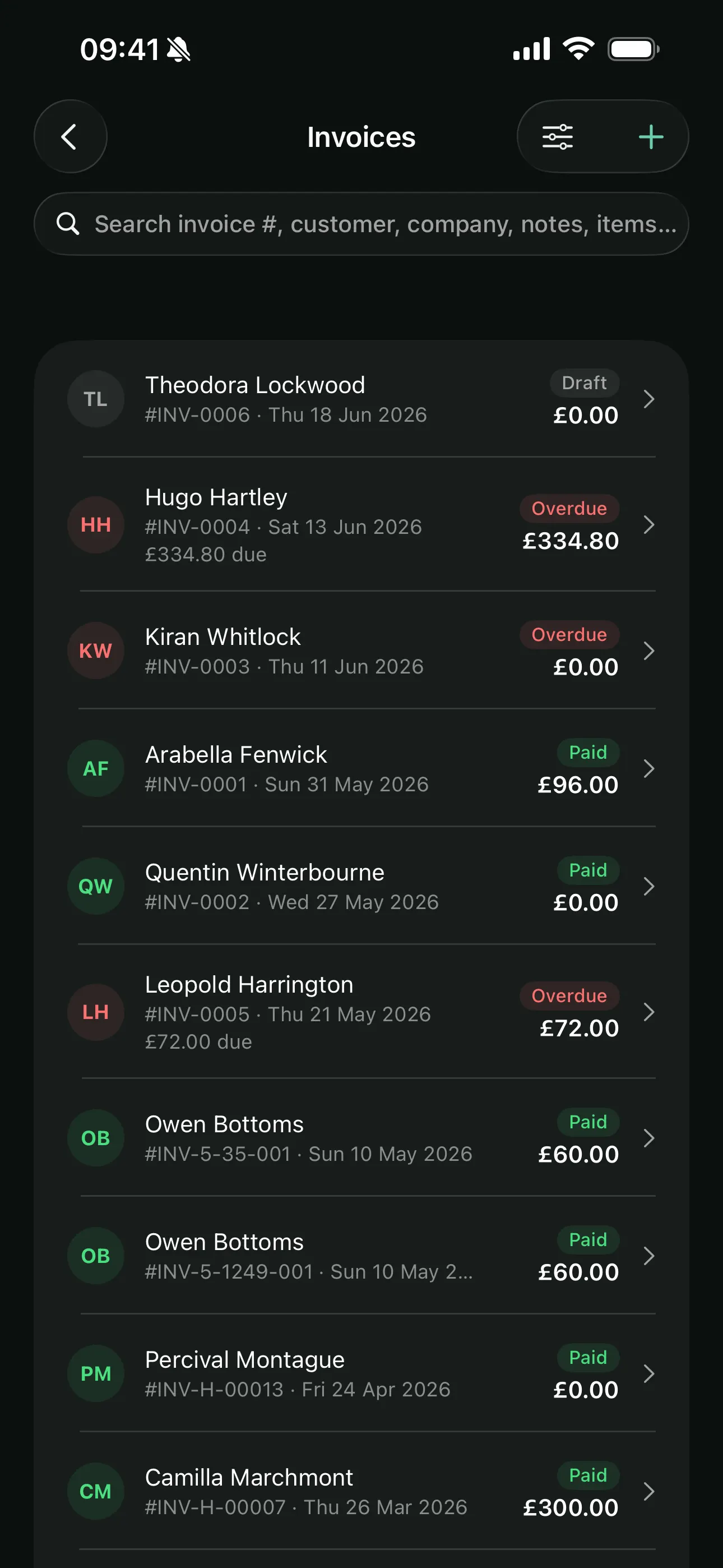 Invoices on the Youzse mobile app