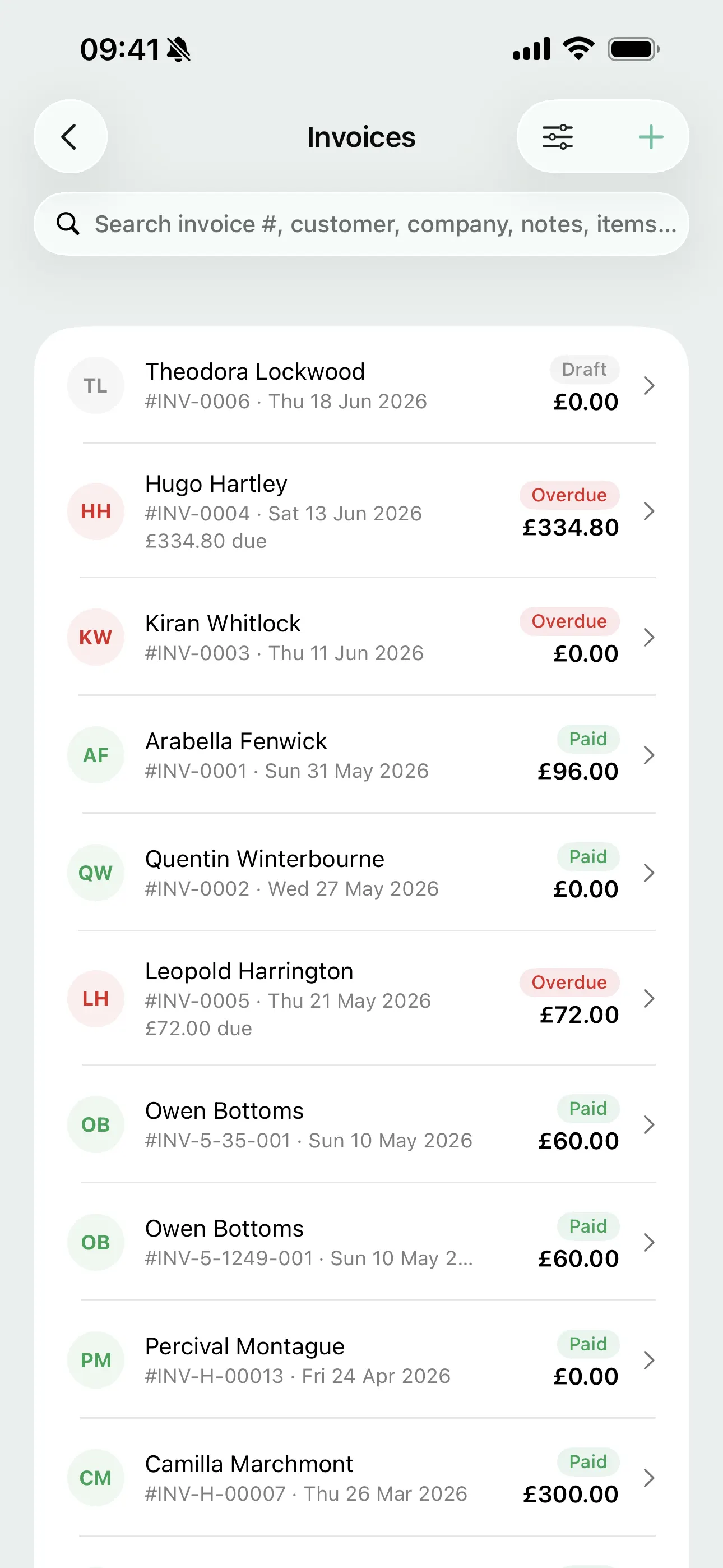 Invoices on the Youzse mobile app