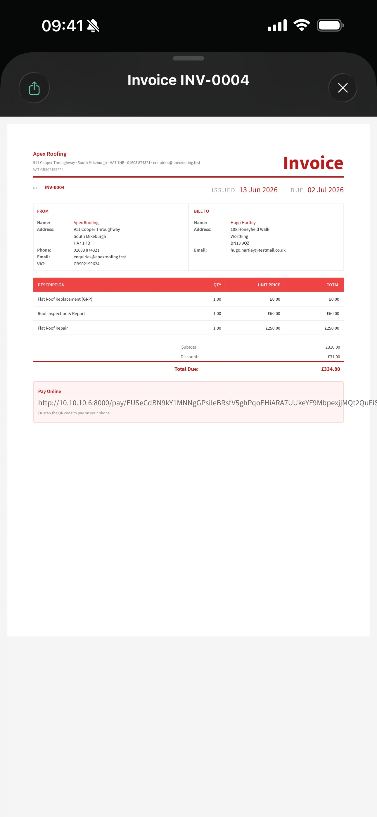 A branded invoice PDF on the Youzse mobile app