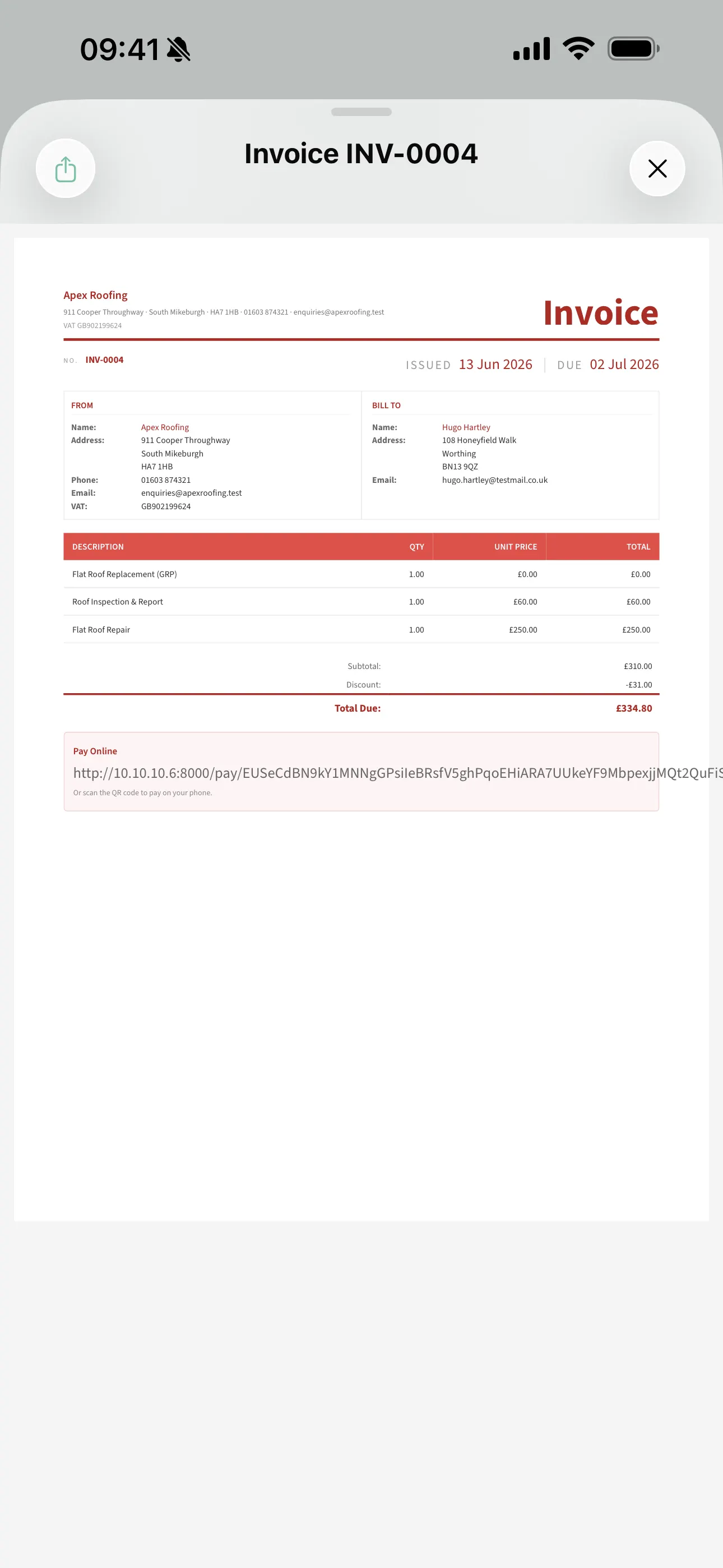 A branded invoice PDF on the Youzse mobile app