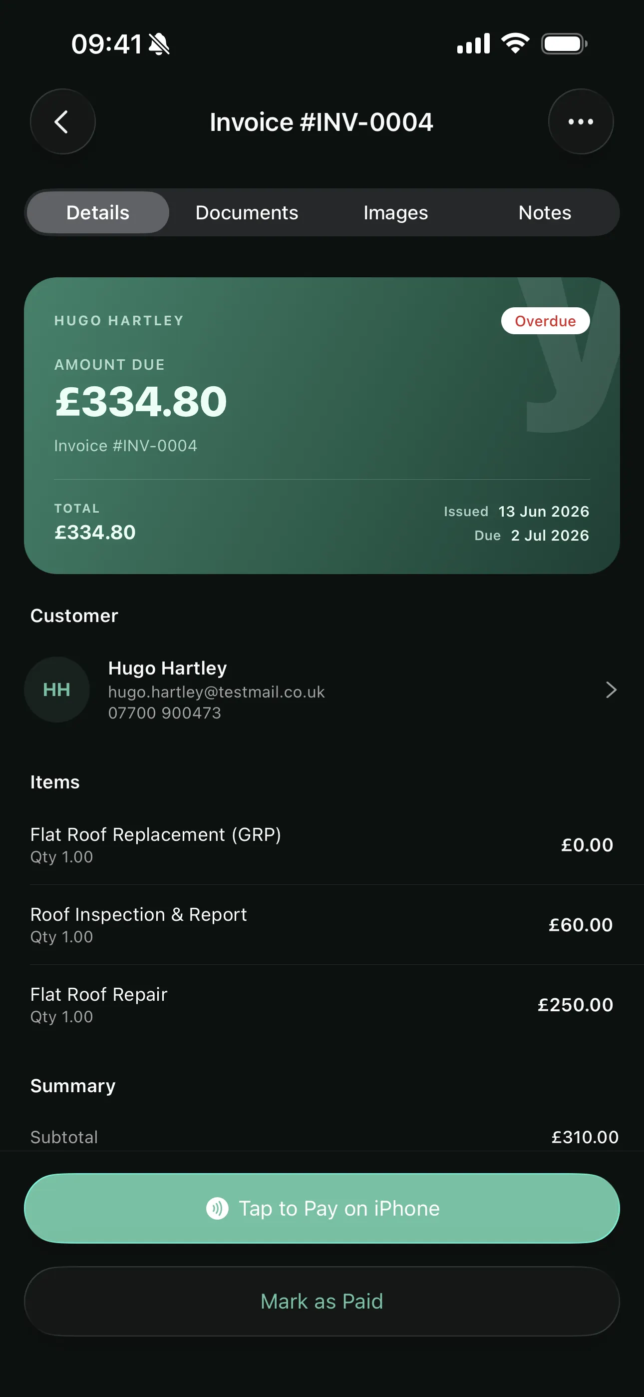 An overdue invoice on the Youzse mobile app