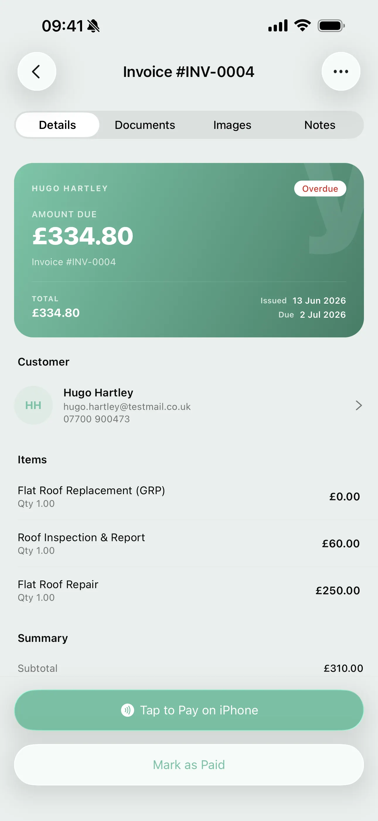 An overdue invoice on the Youzse mobile app