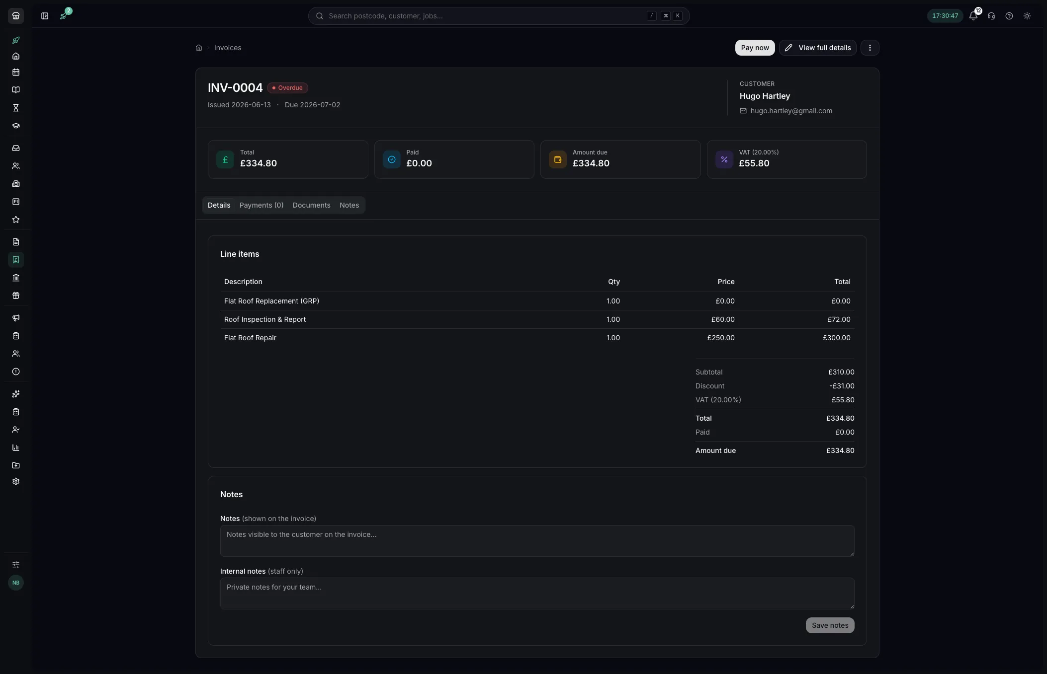 An overdue invoice with a payment link in Youzse