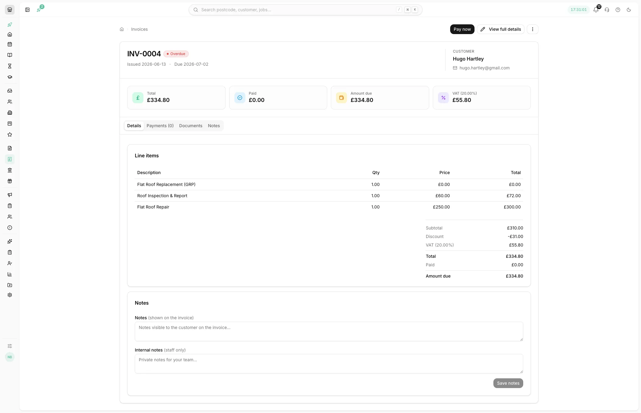 An overdue invoice with a payment link in Youzse