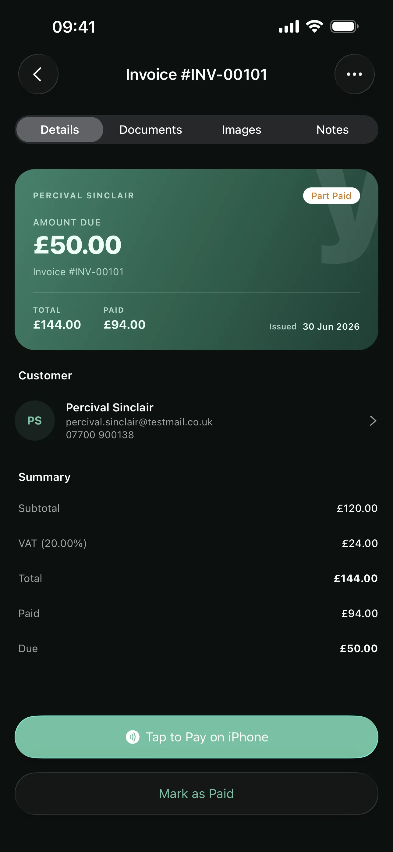 An invoice on the Youzse mobile app with the balance due and Tap to Pay on iPhone ready to take the payment
