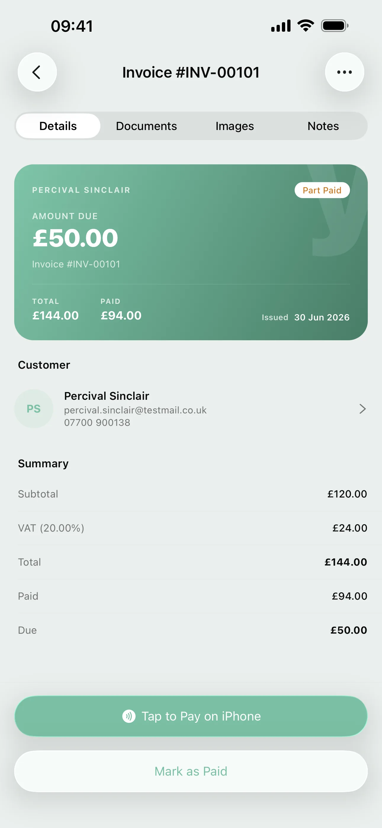 An invoice on the Youzse mobile app with the balance due and Tap to Pay on iPhone ready to take the payment