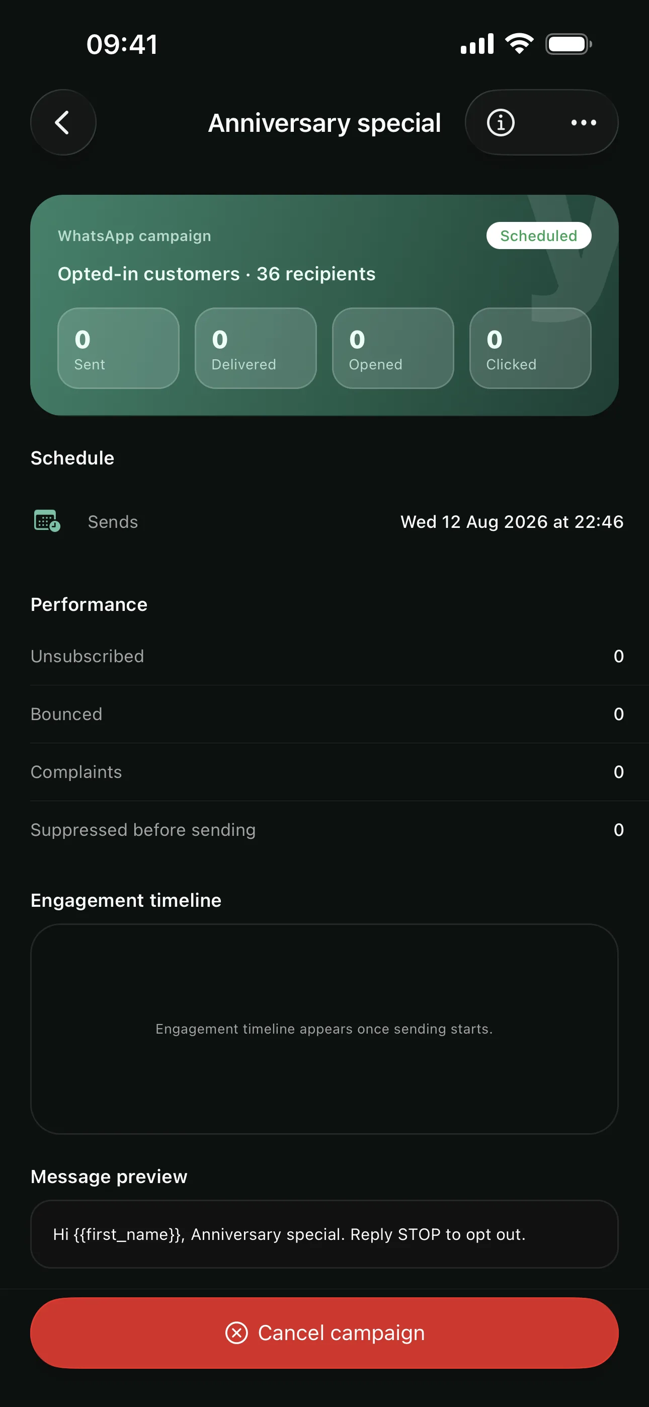 A scheduled WhatsApp campaign on the Youzse mobile app, with its recipients, schedule and message preview