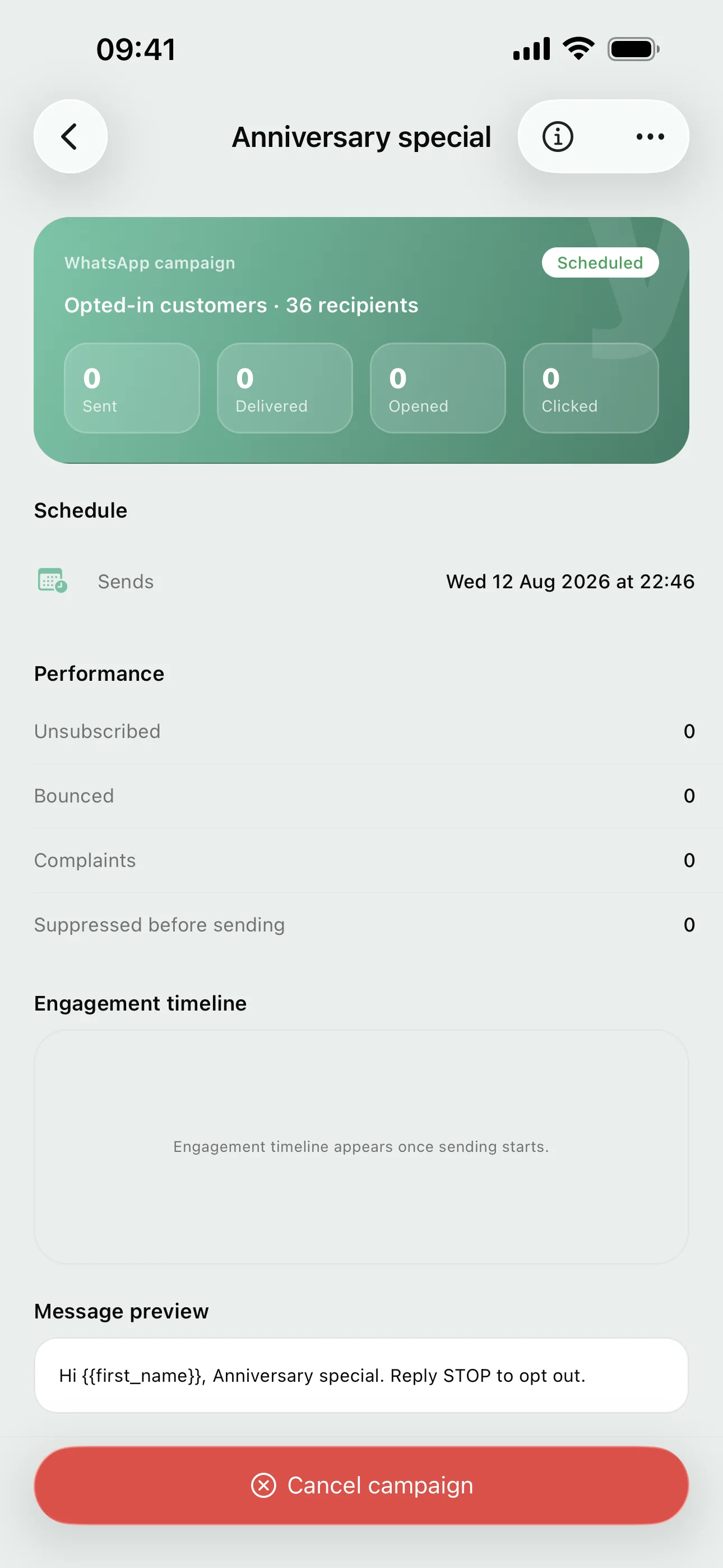 A scheduled WhatsApp campaign on the Youzse mobile app, with its recipients, schedule and message preview