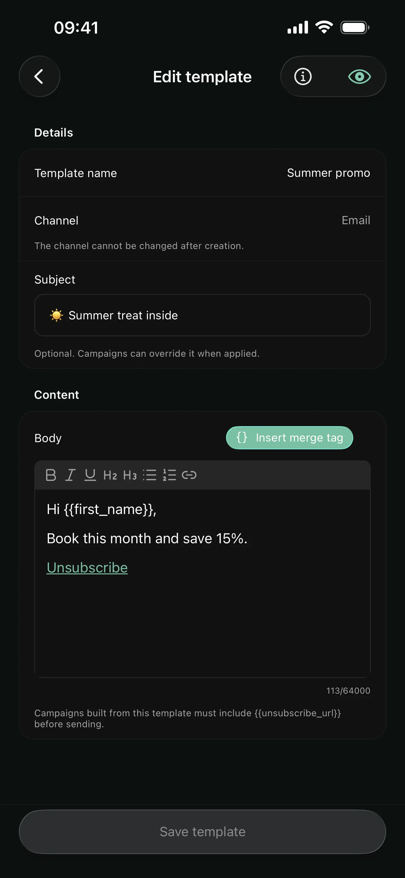 Editing a campaign template with merge tags on the Youzse mobile app