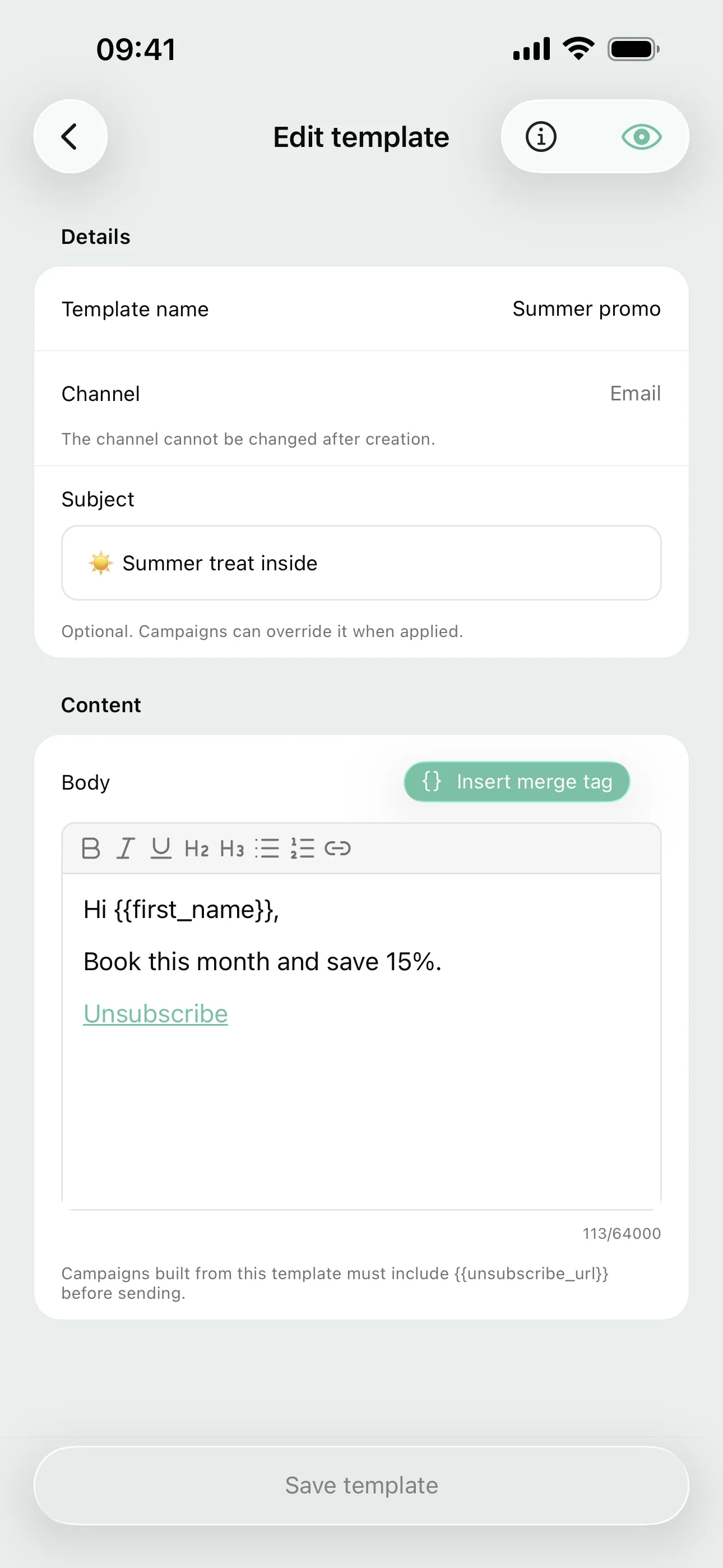 Editing a campaign template with merge tags on the Youzse mobile app