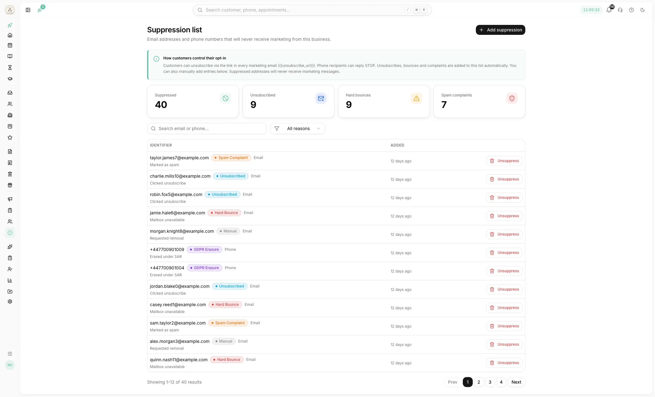 Marketing suppressions and opt-outs in Youzse