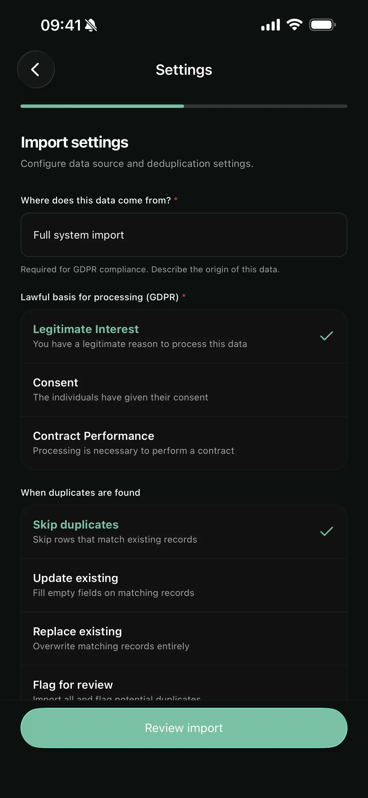 Setting the lawful basis and duplicate handling on mobile