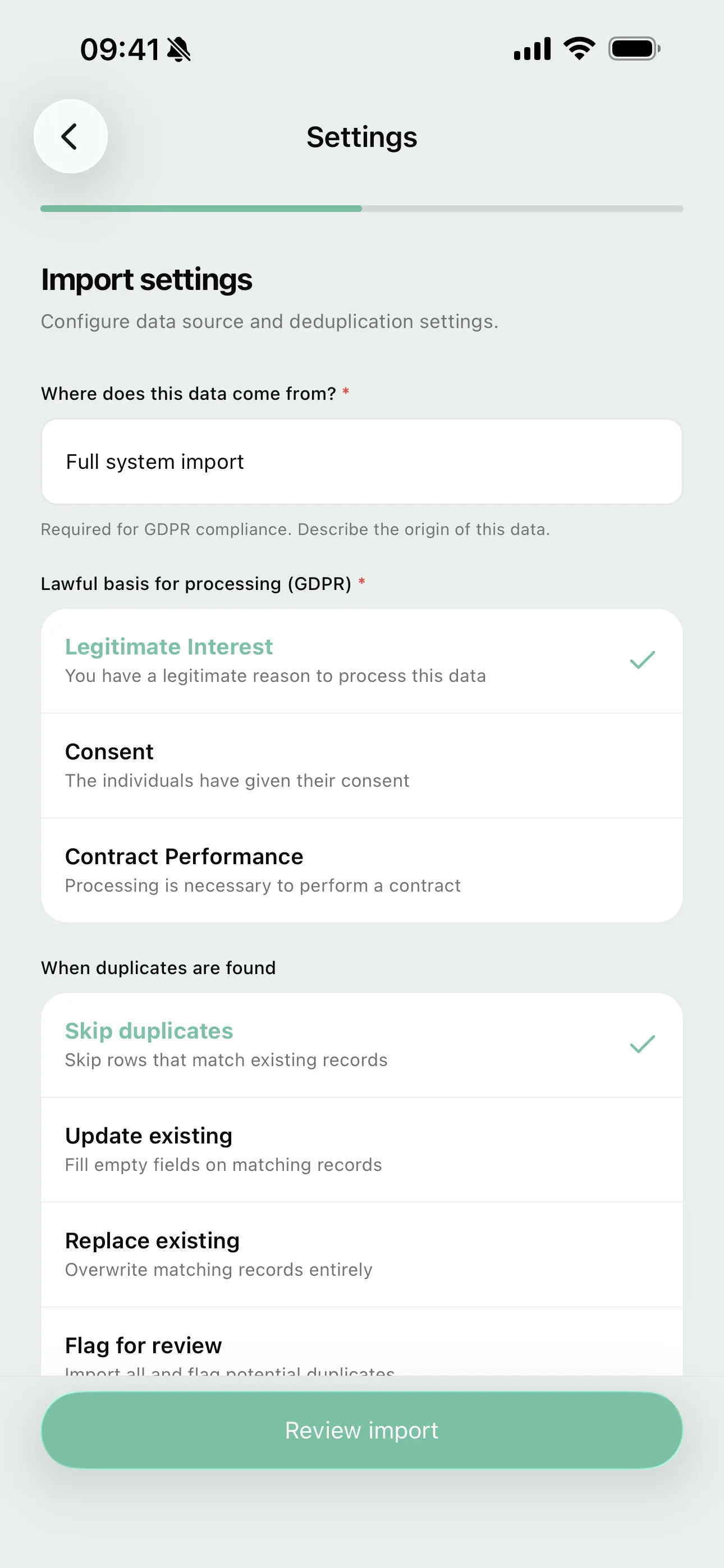 Setting the lawful basis and duplicate handling on mobile