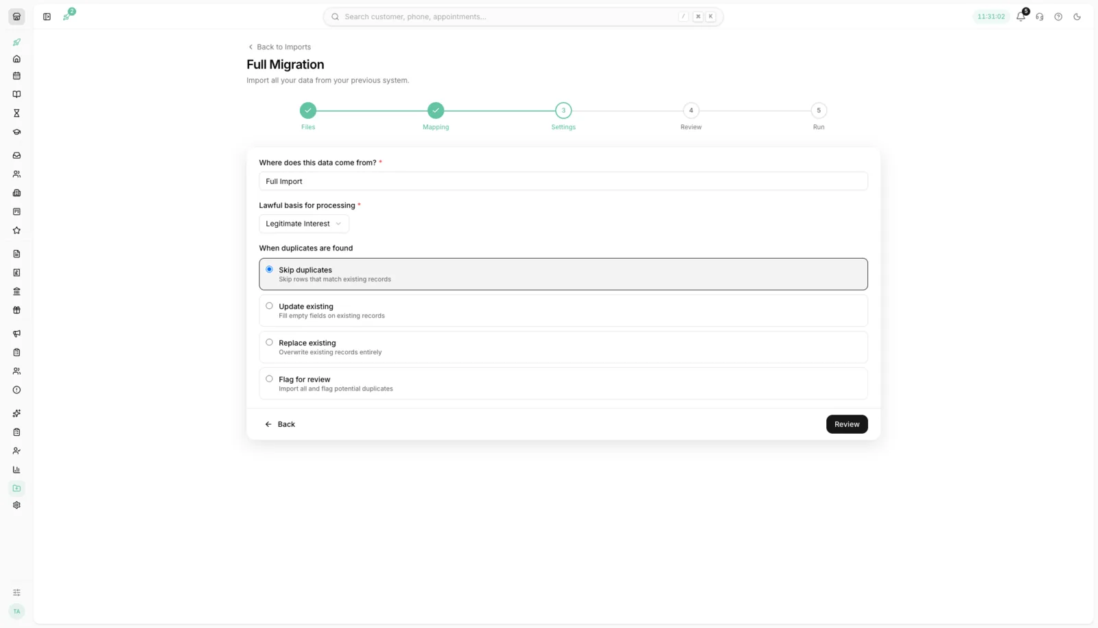 Setting the lawful basis and duplicate handling for an import