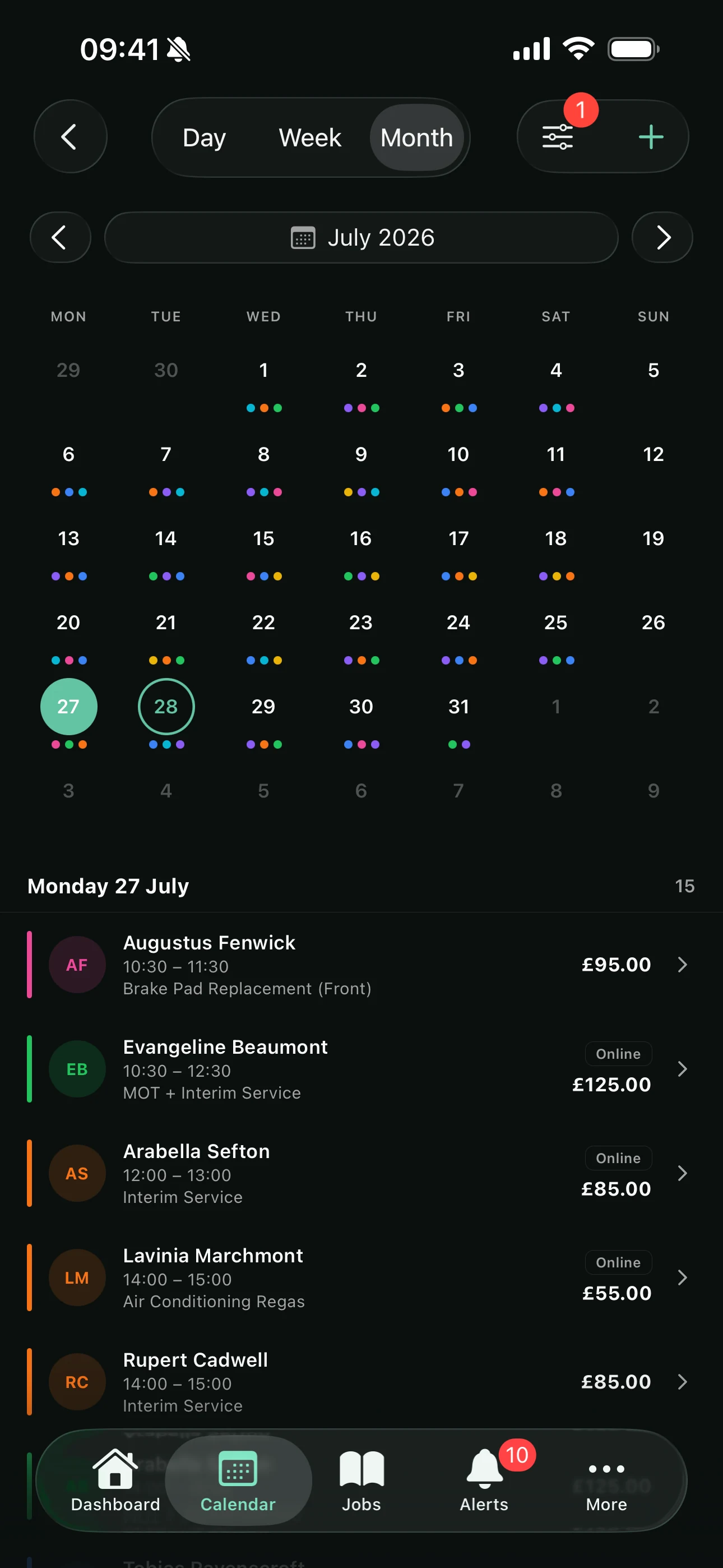 Month view on the Youzse mobile app