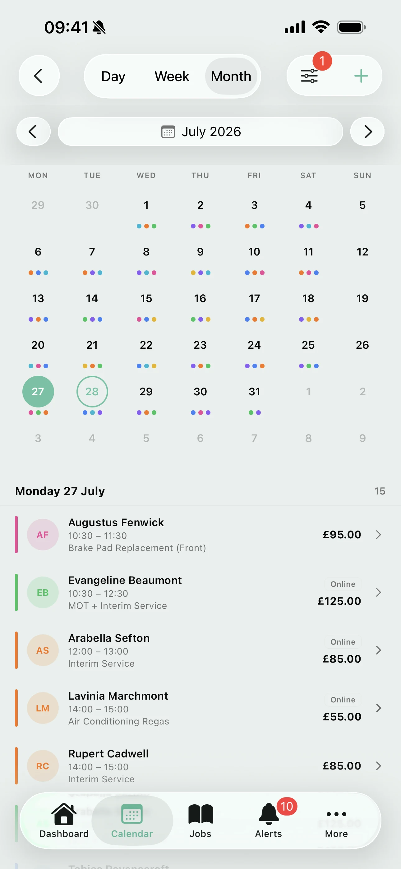 Month view on the Youzse mobile app