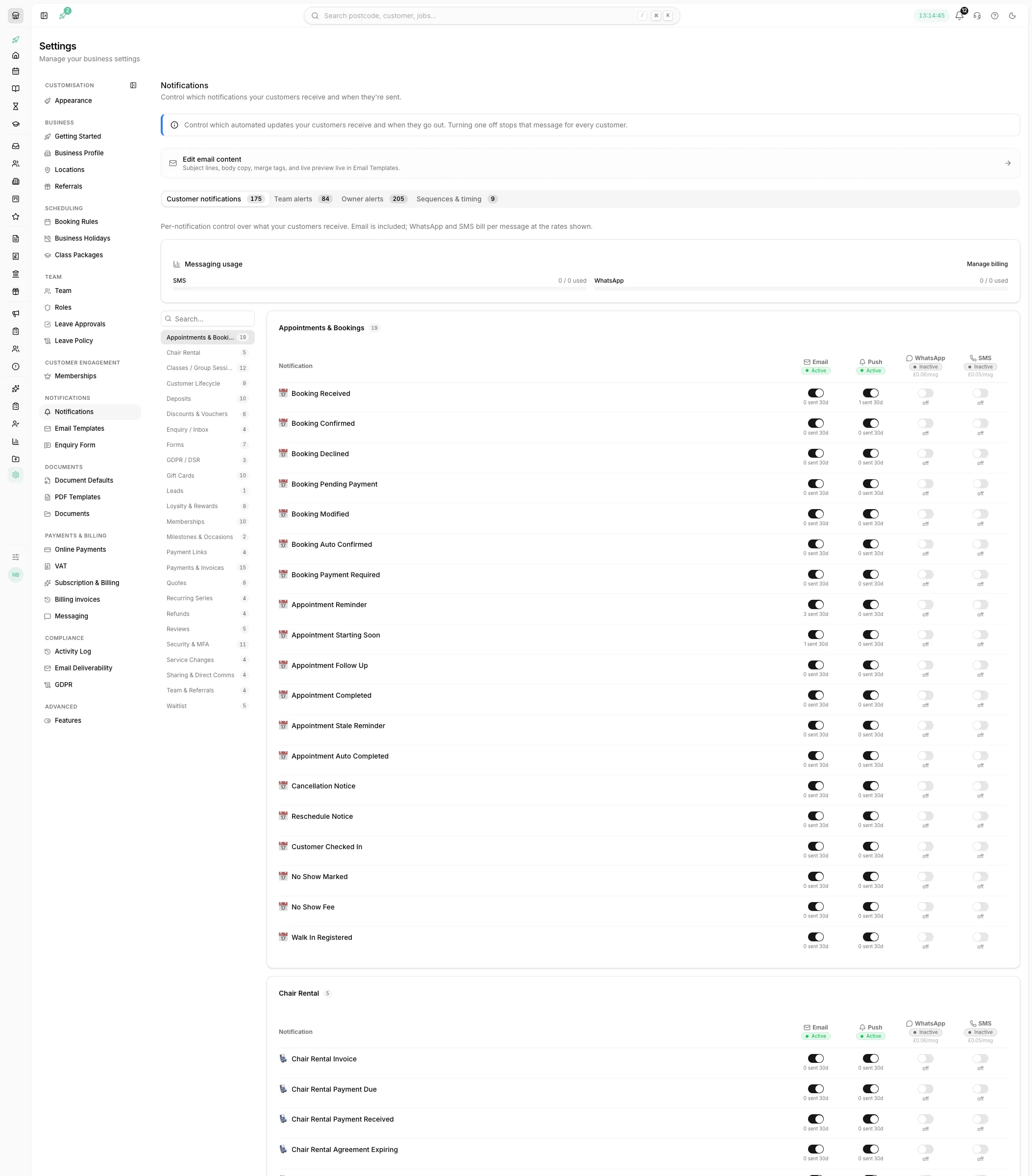 Email, push, WhatsApp and SMS toggled per notification in Youzse