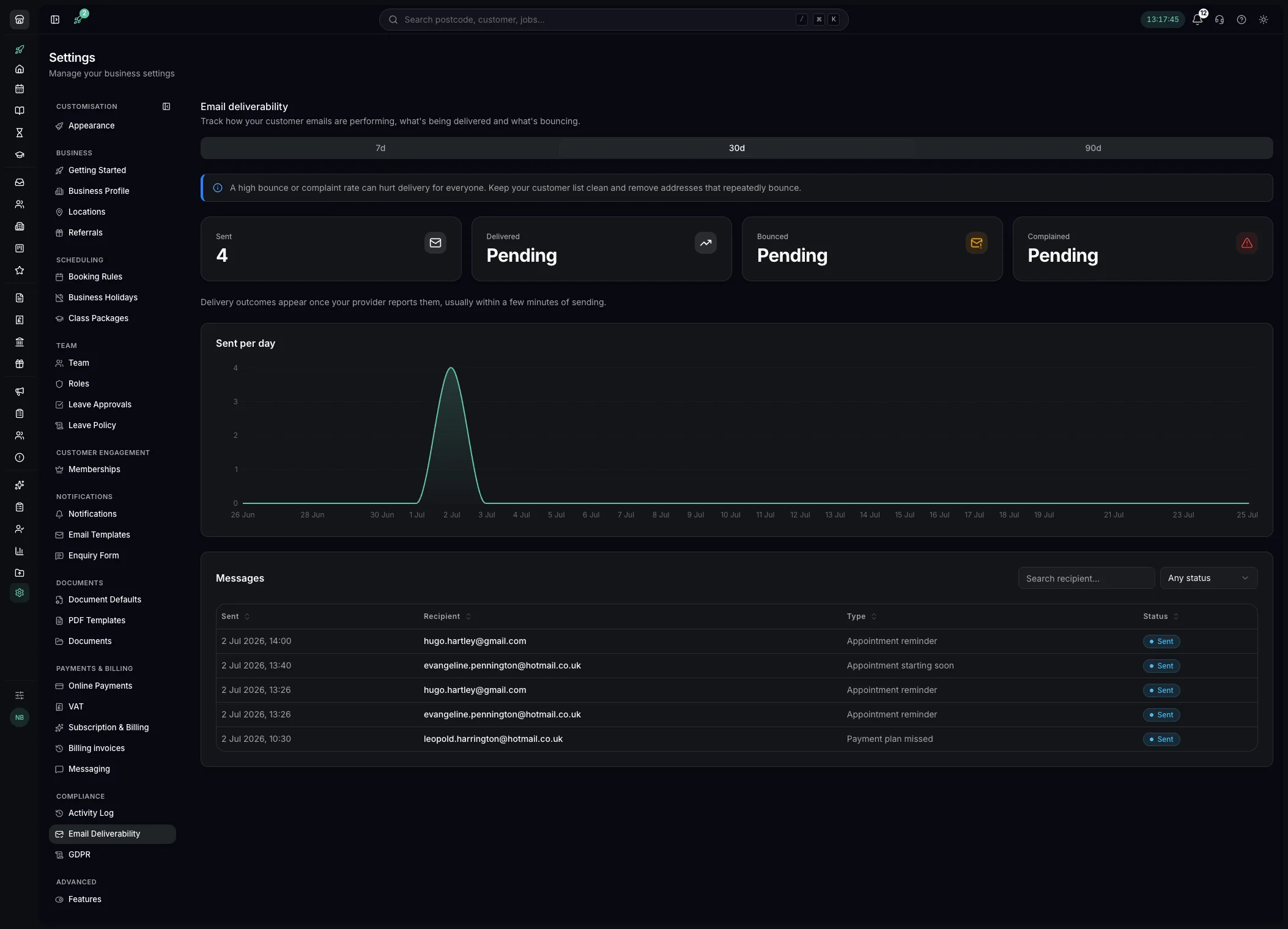 Email deliverability tracking in Youzse