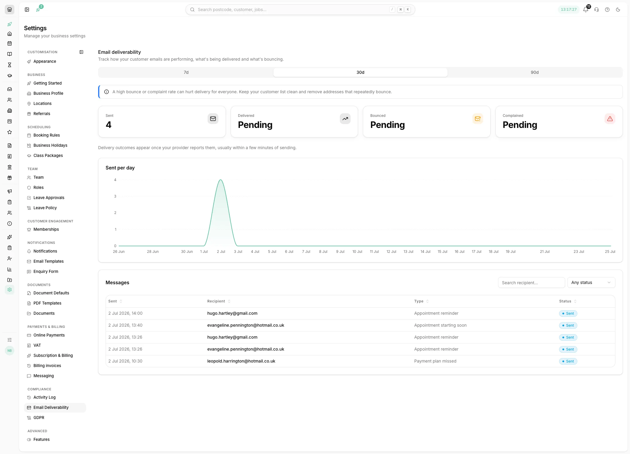Email deliverability tracking in Youzse