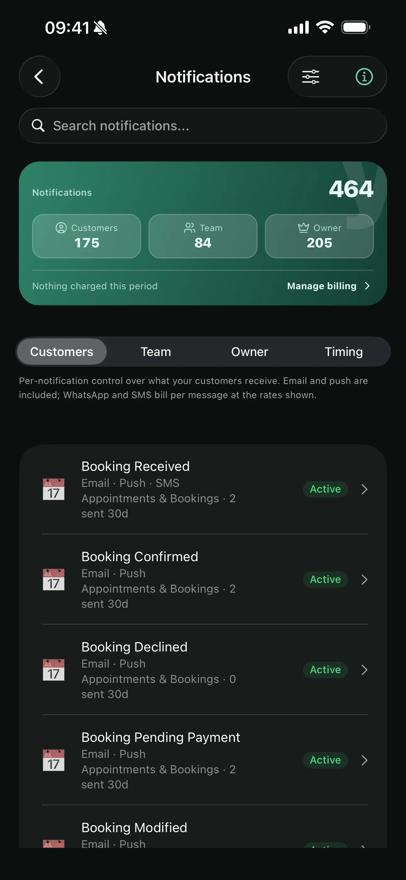 The notification catalogue on the Youzse mobile app